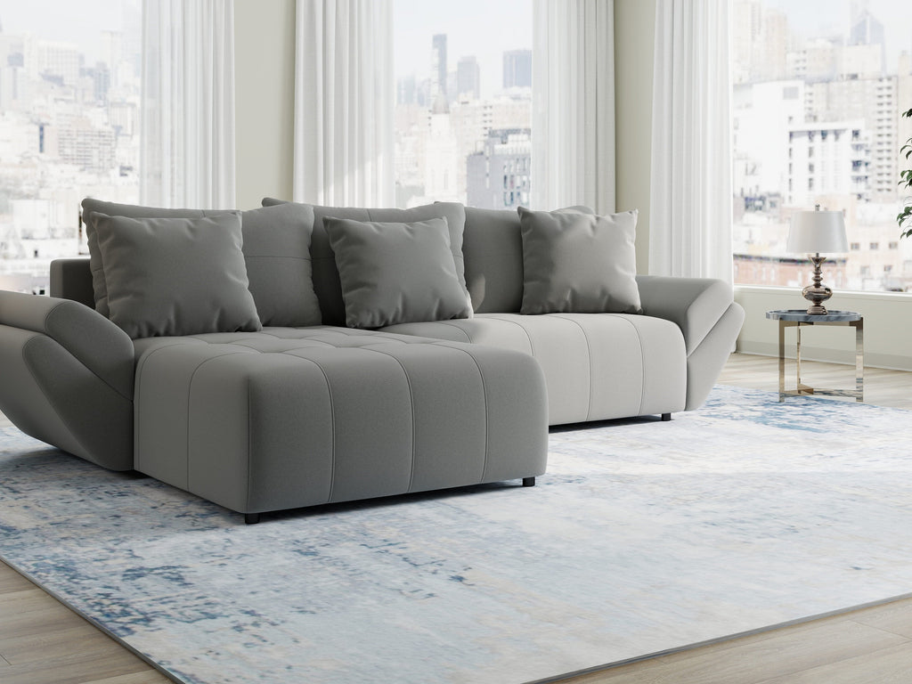 Colțar extensibil dumonde cu ladă de depozitare si sezut confortabil din spuma high-density, Berlin Royal Gri 280x185 cm