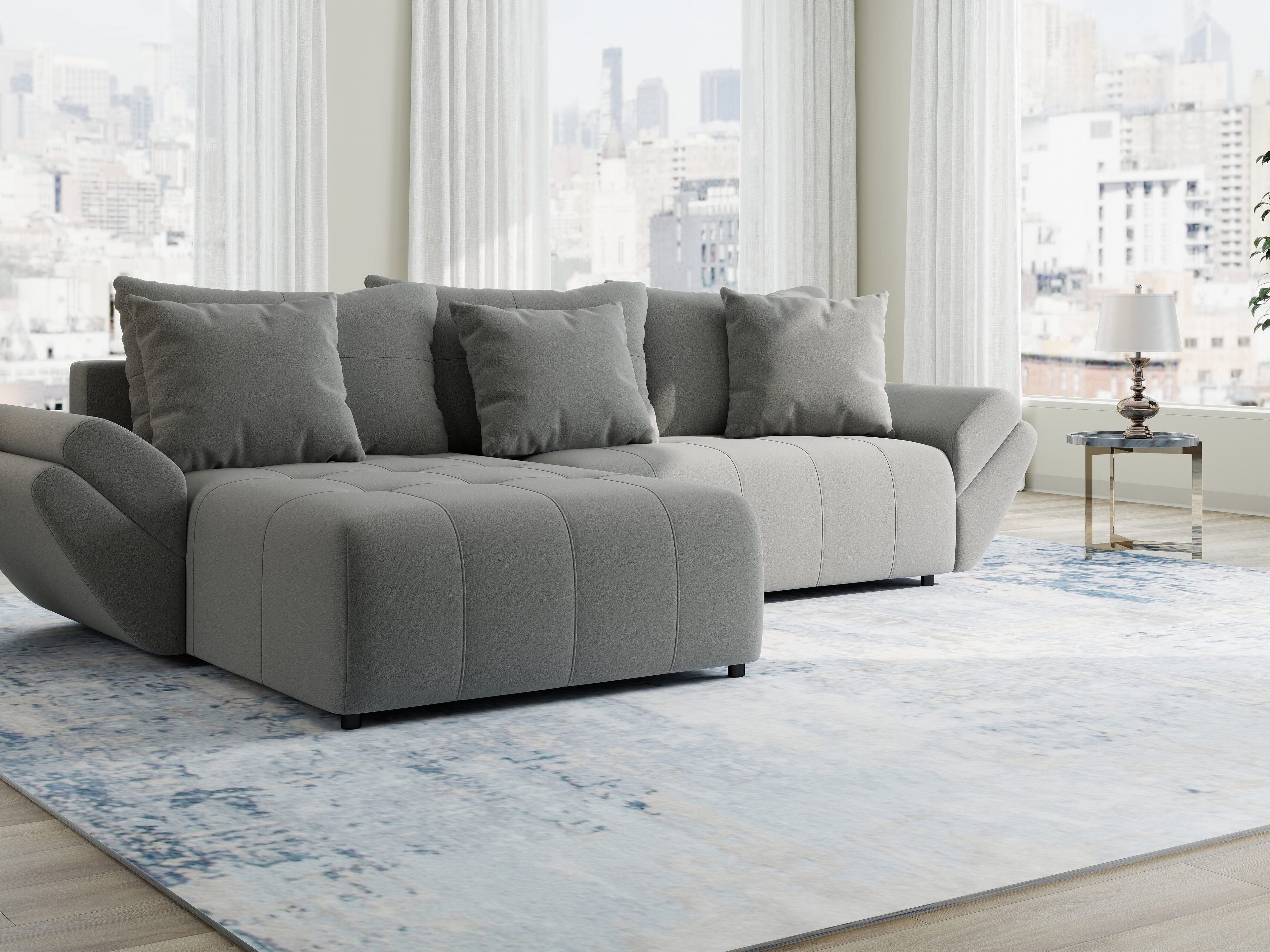 Colțar extensibil dumonde cu ladă de depozitare si sezut confortabil din spuma high-density, Berlin Royal Gri 280x185 cm
