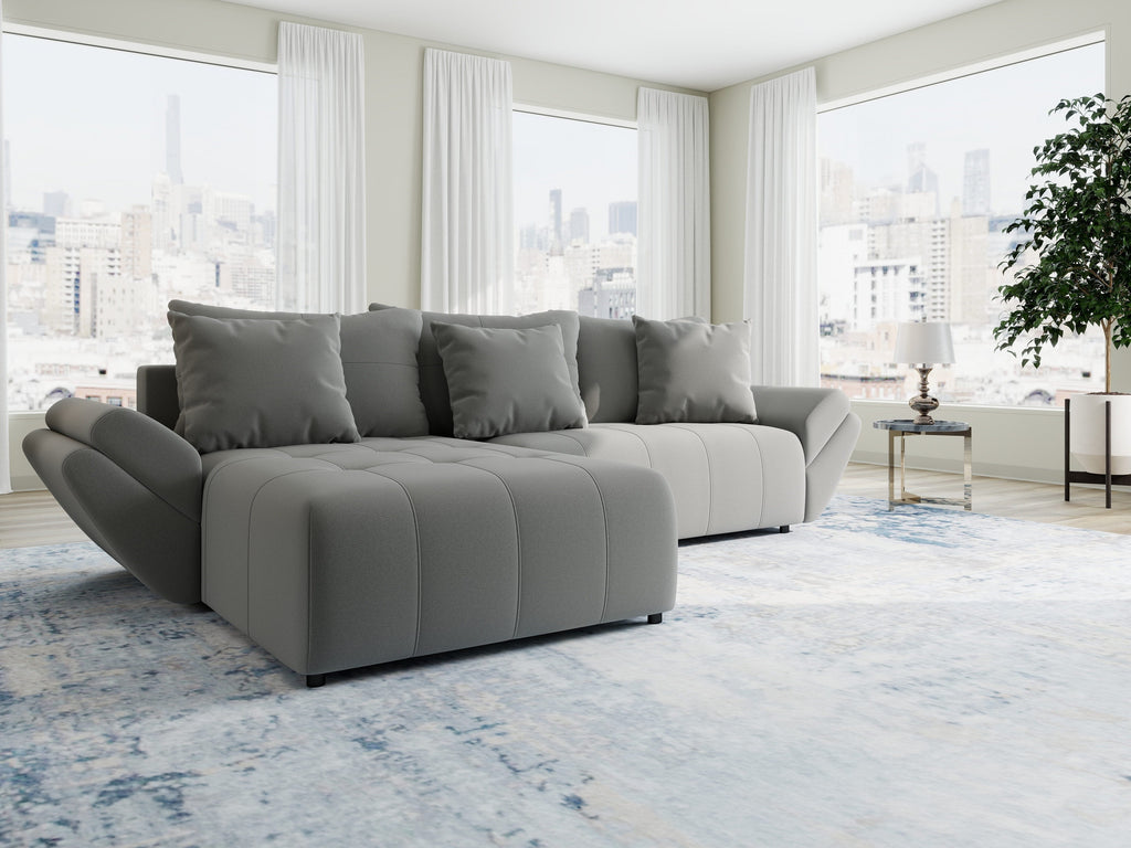 Colțar extensibil dumonde cu ladă de depozitare si sezut confortabil din spuma high-density, Berlin Royal Gri 280x185 cm