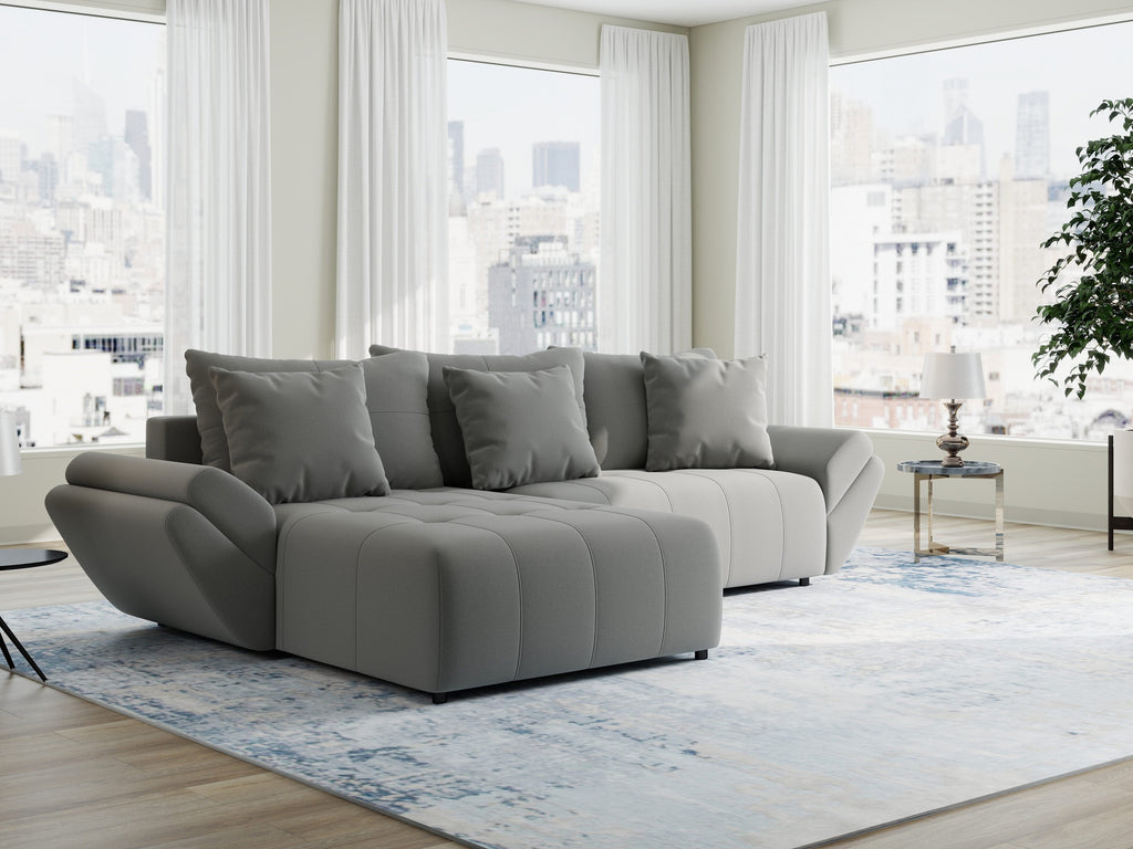 Colțar extensibil dumonde cu ladă de depozitare si sezut confortabil din spuma high-density, Berlin Royal Gri 280x185 cm