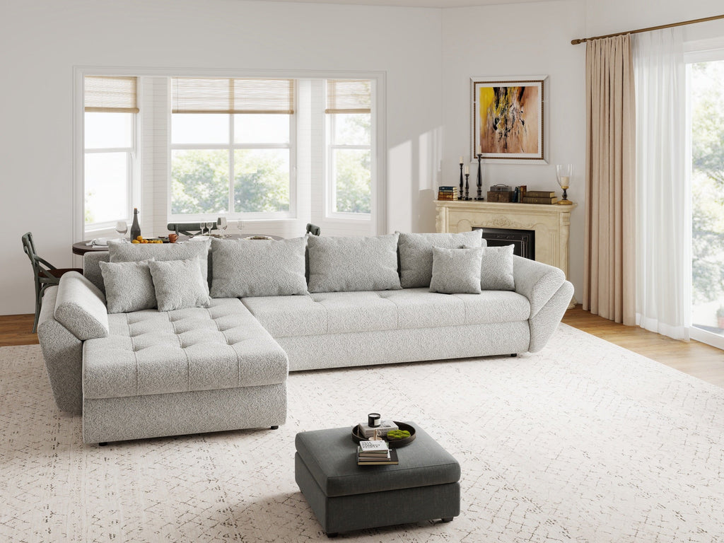 Colțar extensibil dumonde cu ladă de depozitare si sezut confortabil din spuma high-density, Loana XL Arena Gri 335x185 cm