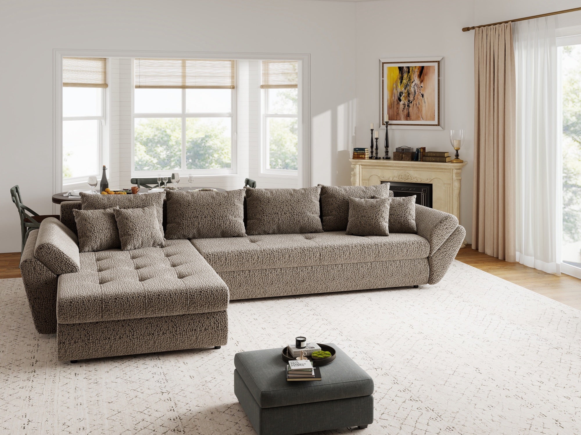 Colțar extensibil dumonde cu ladă de depozitare si sezut confortabil din spuma high-density, Loana XL Jaguar Maro Cappuccino 335x185 cm