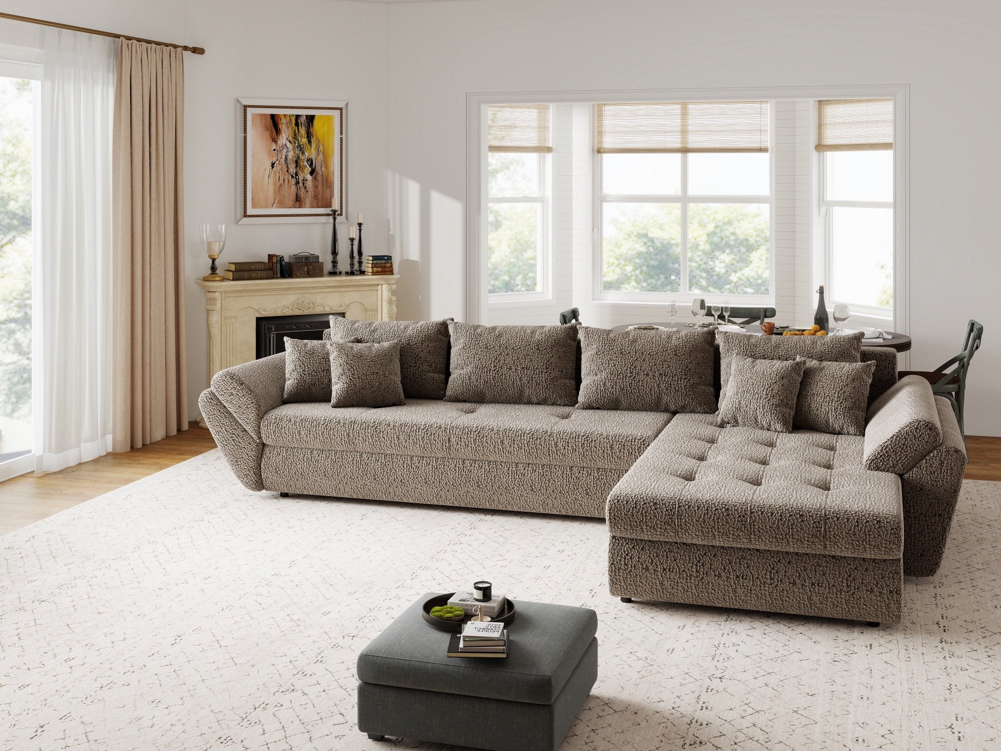 Colțar extensibil dumonde cu ladă de depozitare si sezut confortabil din spuma high-density, Loana XL Jaguar Maro Cappuccino II 335x185 cm