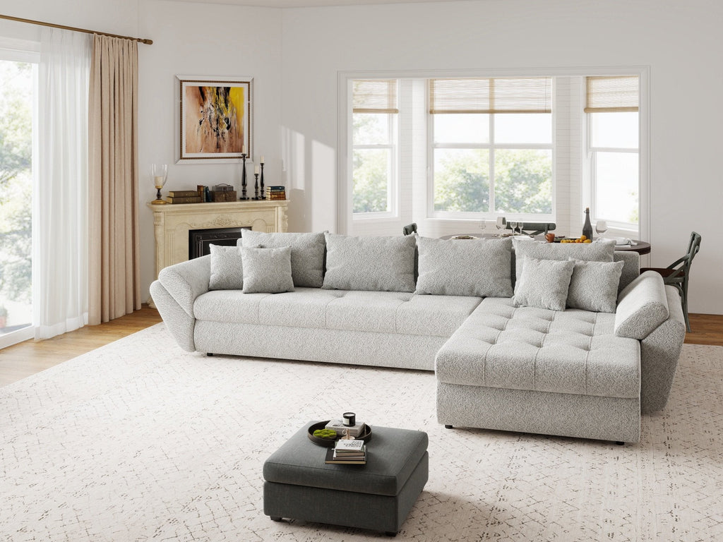 Colțar extensibil dumonde cu ladă de depozitare si sezut confortabil din spuma high-density, Loana XL Arena Gri II 335x185 cm