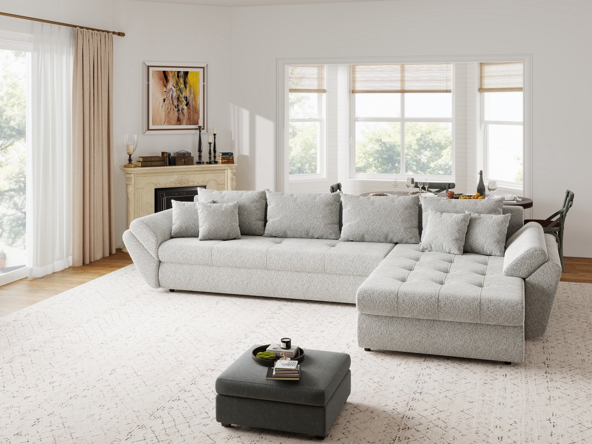 Colțar extensibil dumonde cu ladă de depozitare si sezut confortabil din spuma high-density, Loana XL Arena Gri II 335x185 cm