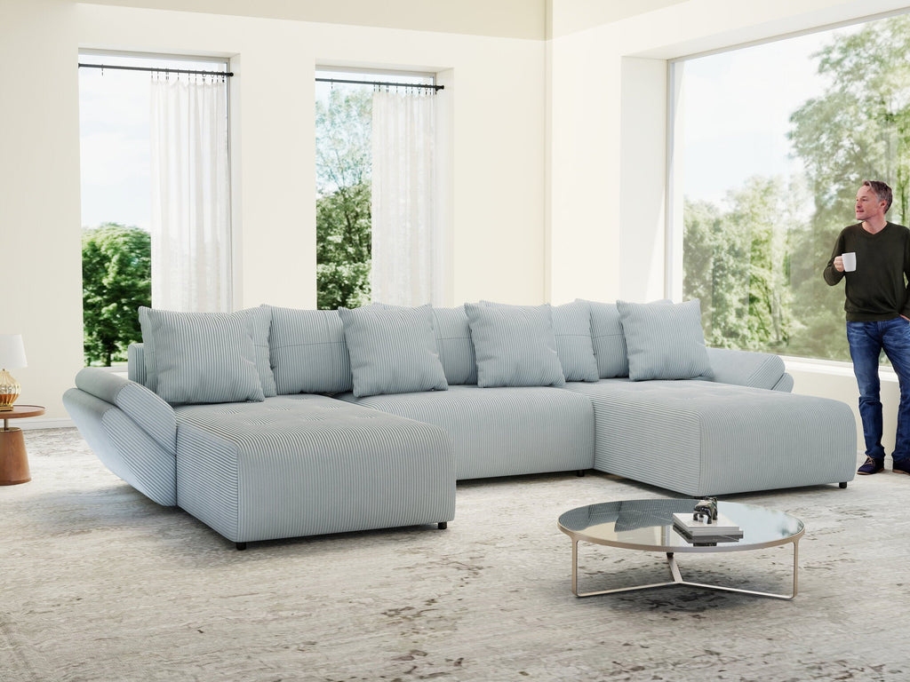 Colțar extensibil dumonde cu ladă de depozitare si sezut confortabil din spuma high-density, Berlin U Zoom GREY 380x180 cm