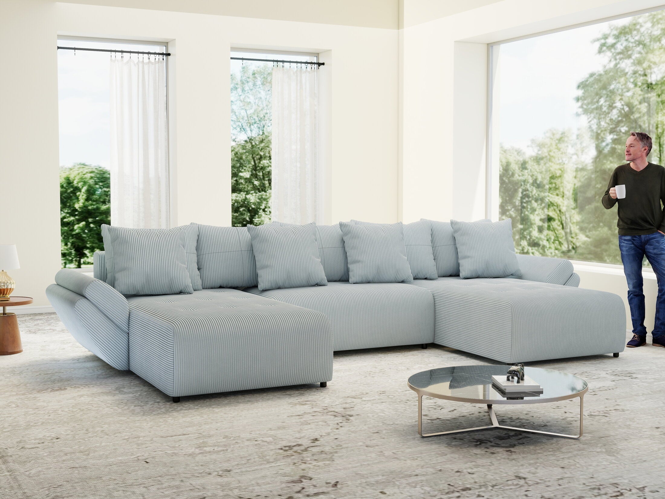 Colțar extensibil dumonde cu ladă de depozitare si sezut confortabil din spuma high-density, Berlin U Zoom GREY 380x180 cm