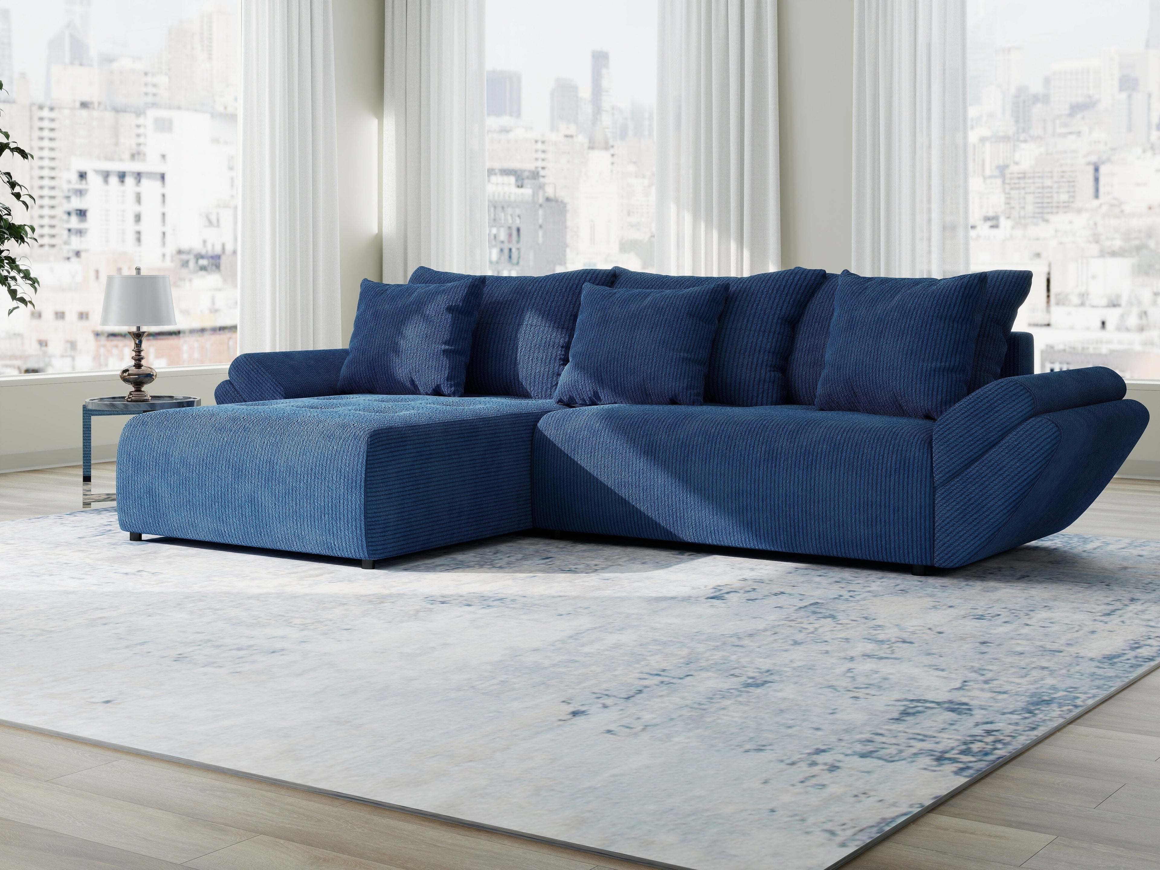 Colțar extensibil dumonde cu ladă de depozitare si sezut confortabil din spuma high-density, Berlin Zoom Albastru 280x185 cm
