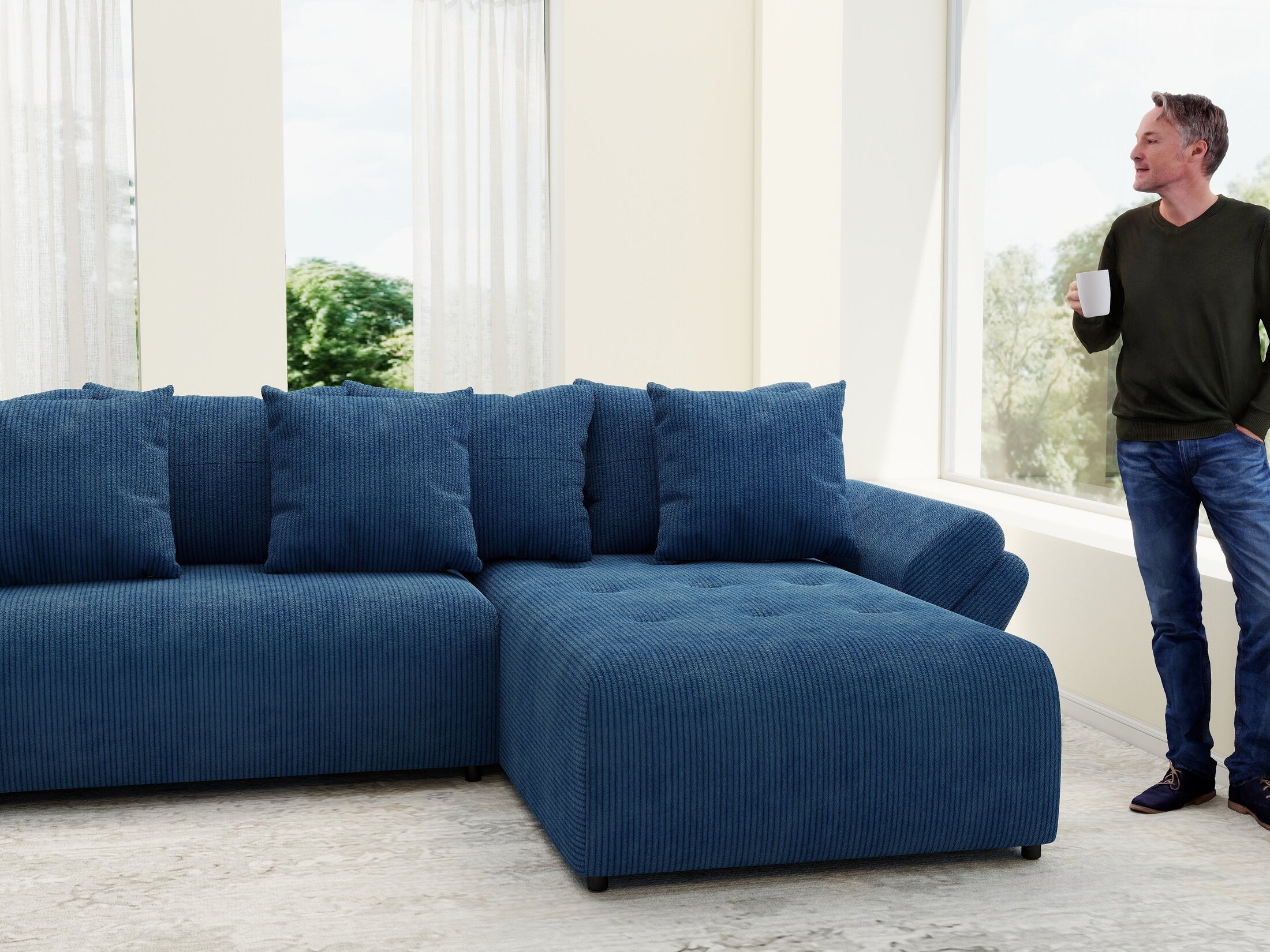 Colțar extensibil dumonde cu ladă de depozitare si sezut confortabil din spuma high-density, Berlin U Zoom Blue 380x180 cm