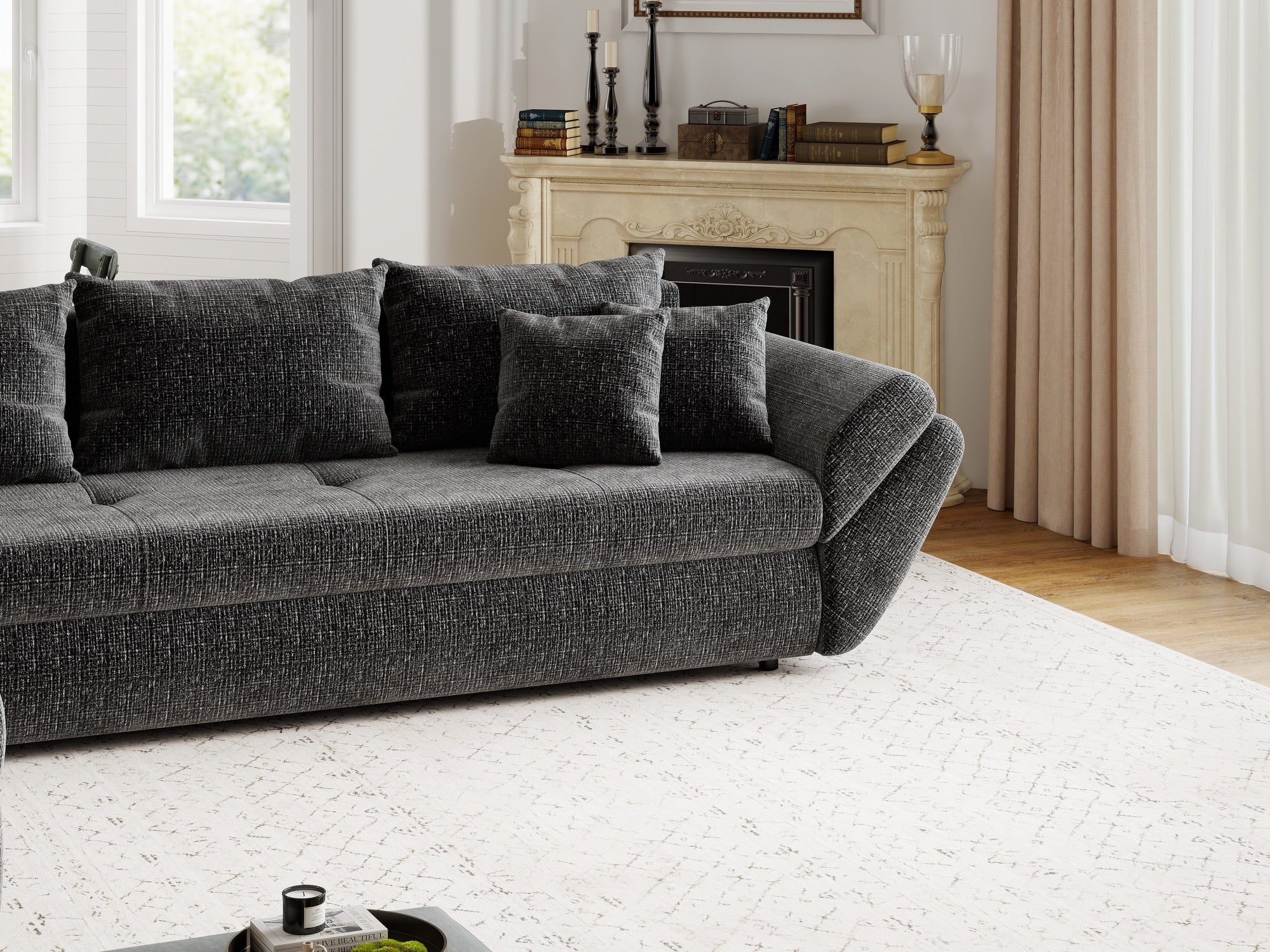 Colțar extensibil dumonde cu ladă de depozitare si sezut confortabil din spuma high-density, Loana XL Cremona Gri Antracit 335x185 cm