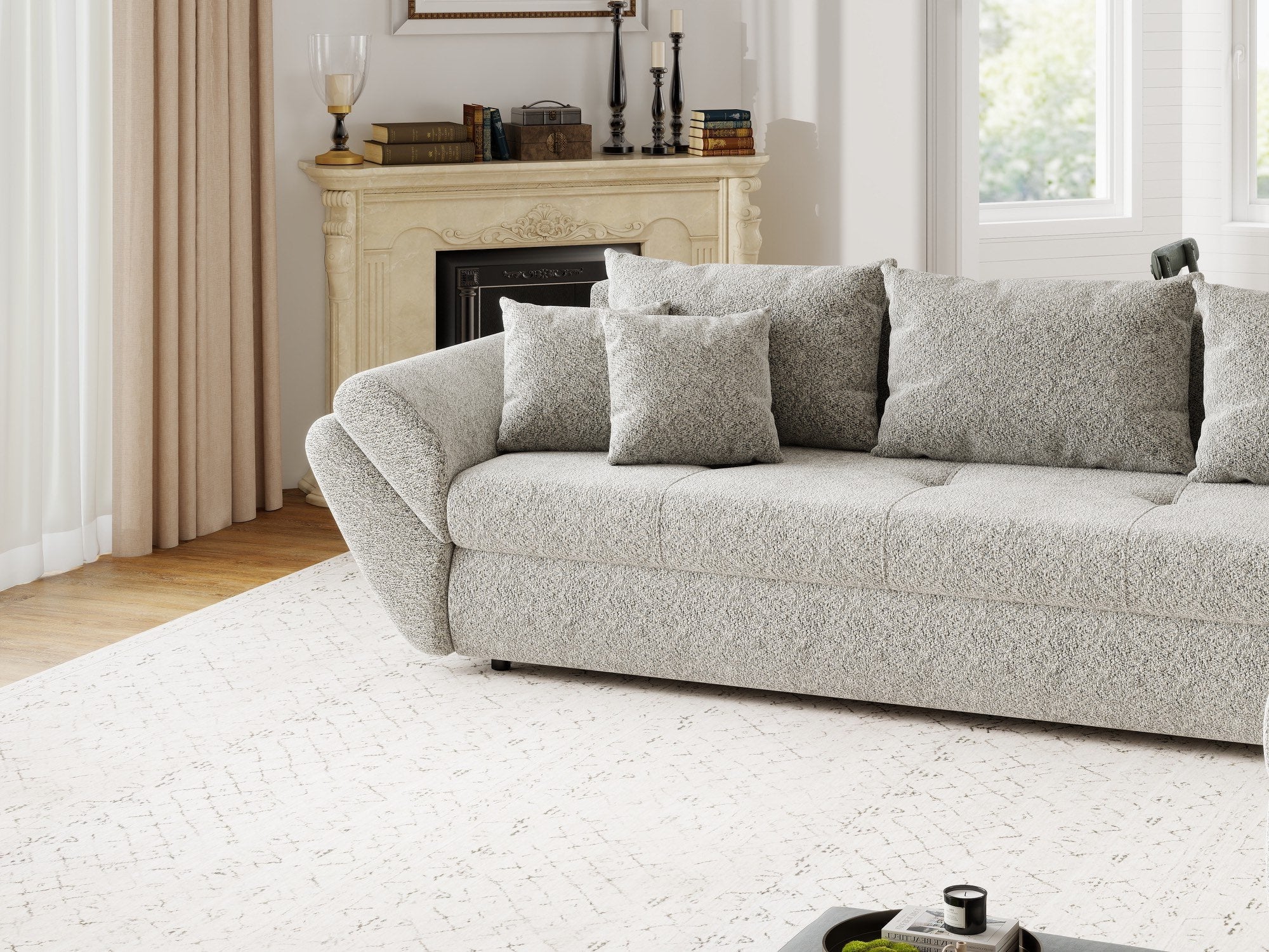 Colțar extensibil dumonde cu ladă de depozitare si sezut confortabil din spuma high-density, Loana XL Arena Bej 02 II 335x185 cm