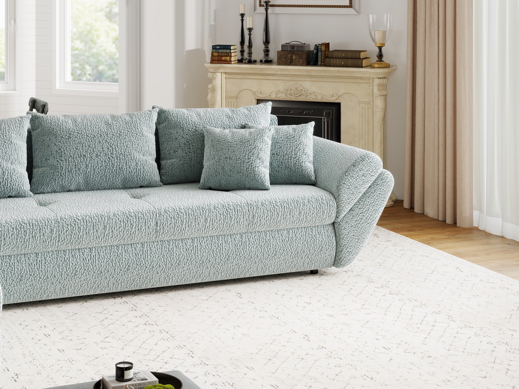 Colțar extensibil dumonde cu ladă de depozitare si sezut confortabil din spuma high-density, Loana XL Jaguar Verde Mint 335x185 cm