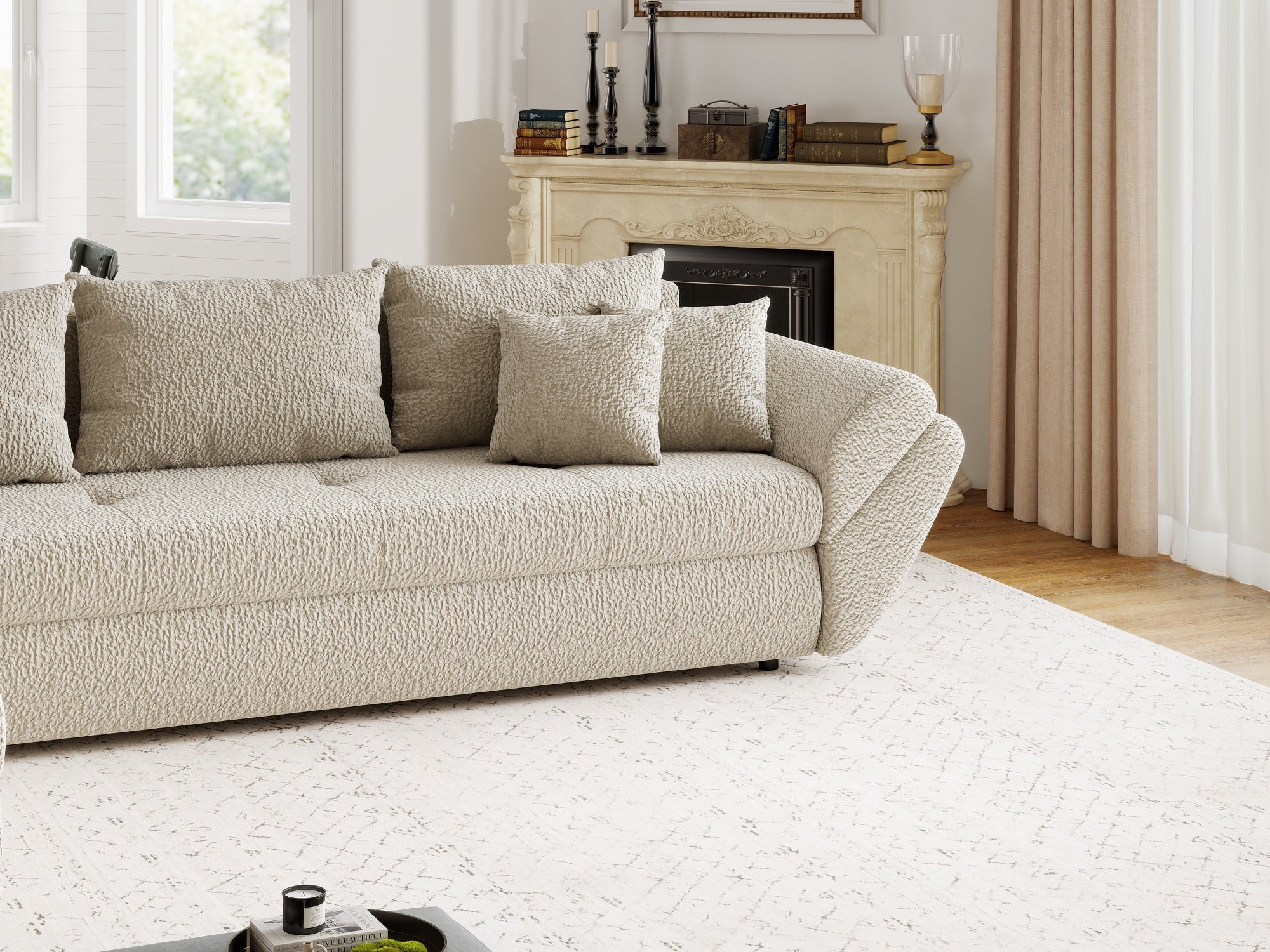 Colțar extensibil dumonde cu ladă de depozitare si sezut confortabil din spuma high-density, Loana XL Jaguar Bej 335x185 cm