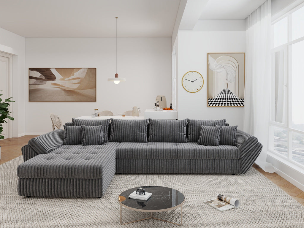 Colțar extensibil dumonde cu ladă de depozitare si sezut confortabil din spuma high-density, Loana XL Tilia Gri 90 335x185 cm