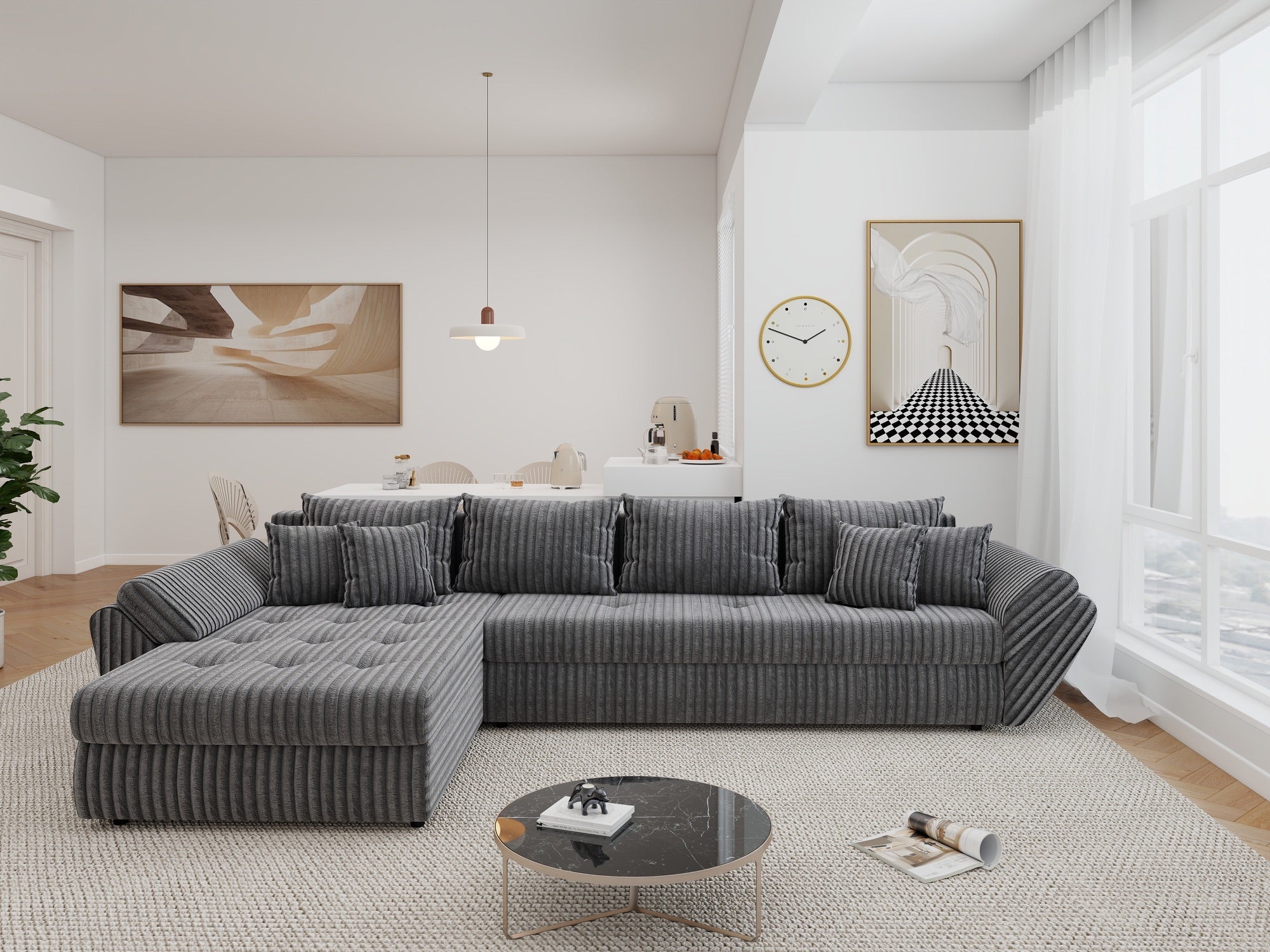 Colțar extensibil dumonde cu ladă de depozitare si sezut confortabil din spuma high-density, Loana XL Tilia Gri 90 335x185 cm