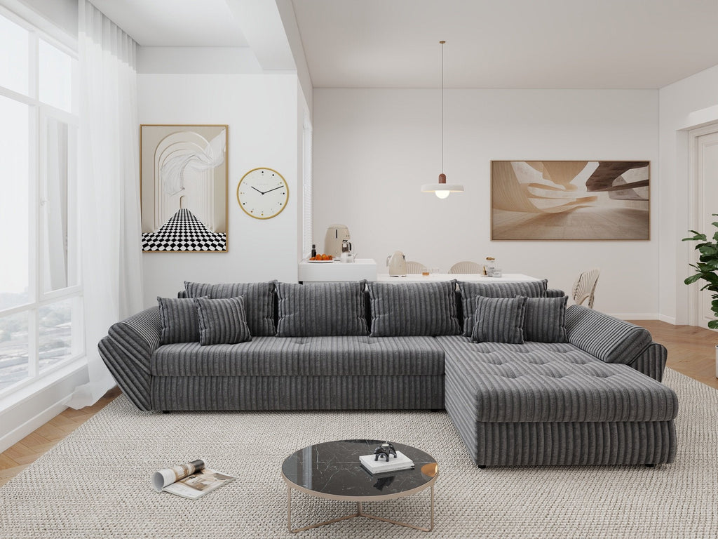 Colțar extensibil dumonde cu ladă de depozitare si sezut confortabil din spuma high-density, Loana XL Tilia Gri 90 II 335x185 cm