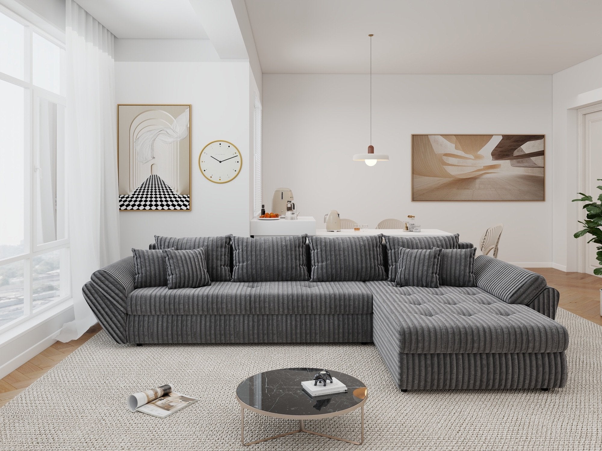Colțar extensibil dumonde cu ladă de depozitare si sezut confortabil din spuma high-density, Loana XL Tilia Gri 90 II 335x185 cm