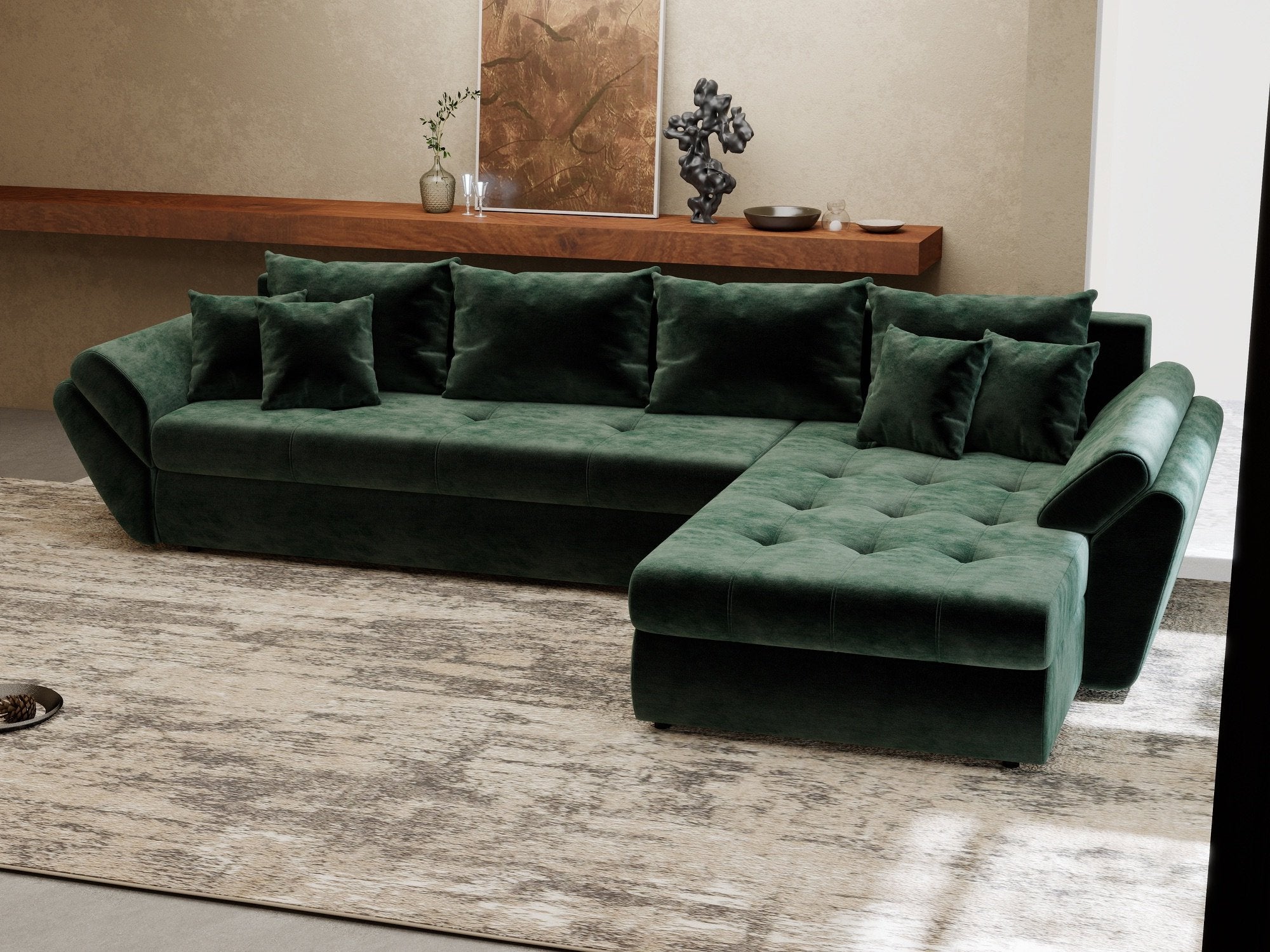 Colțar extensibil dumonde cu ladă de depozitare si sezut confortabil din spuma high-density, Loana XL Monolith Verde II 335x185 cm