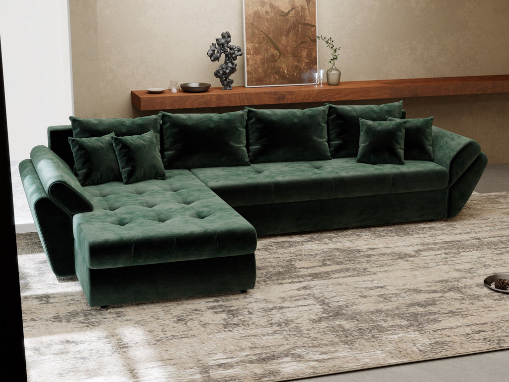 Colțar extensibil dumonde cu ladă de depozitare si sezut confortabil din spuma high-density, Loana XL Monolith Verde 335x185 cm