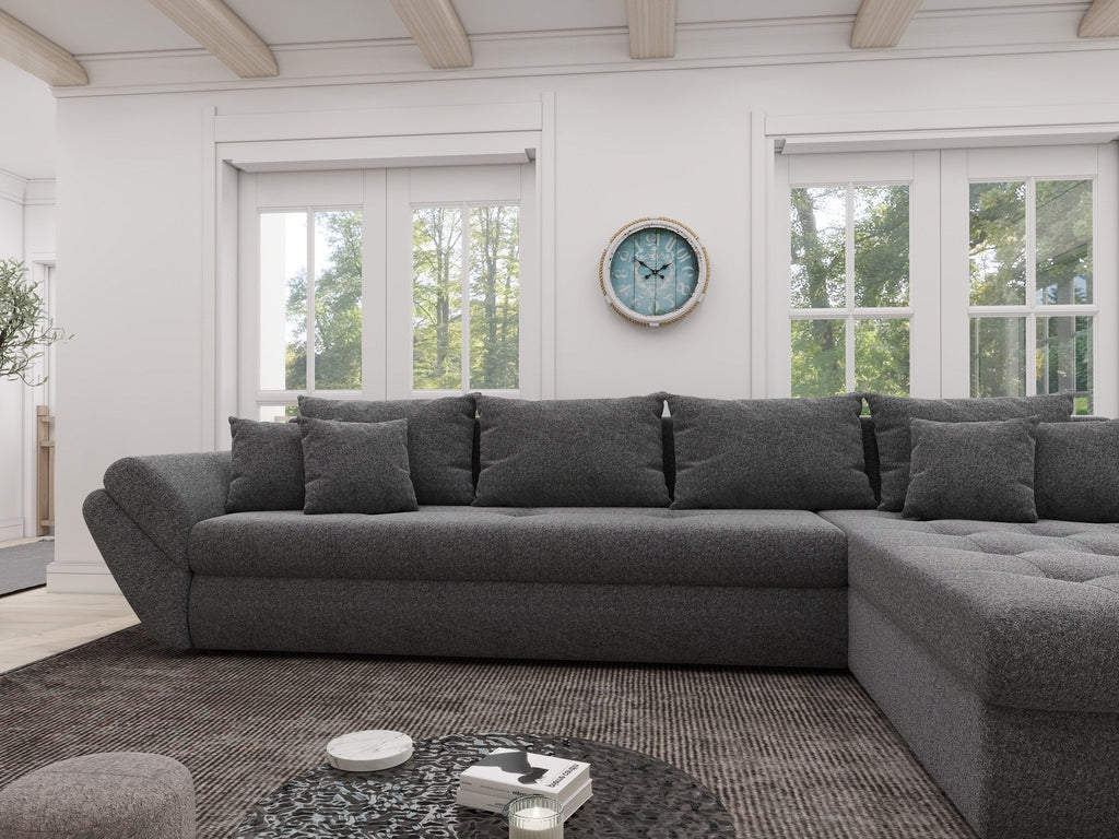 Colțar extensibil dumonde cu ladă de depozitare si sezut confortabil din spuma high-density, Loana XL Monte Gri 90 II 335x185 cm