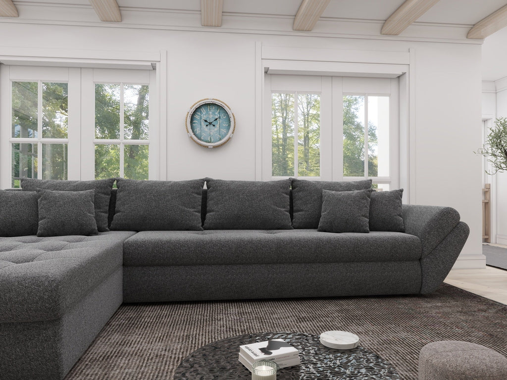 Colțar extensibil dumonde cu ladă de depozitare si sezut confortabil din spuma high-density, Loana XL Monte Gri 90 335x185 cm