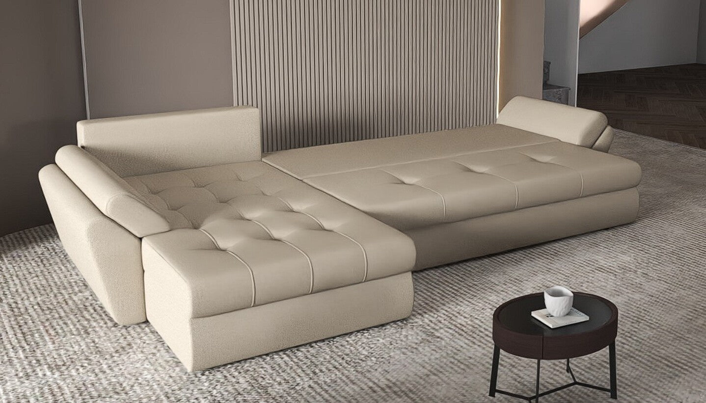 Colțar extensibil dumonde cu ladă de depozitare si sezut confortabil din spuma high-density, Loana XL Enjoy Camel II 335x185 cm
