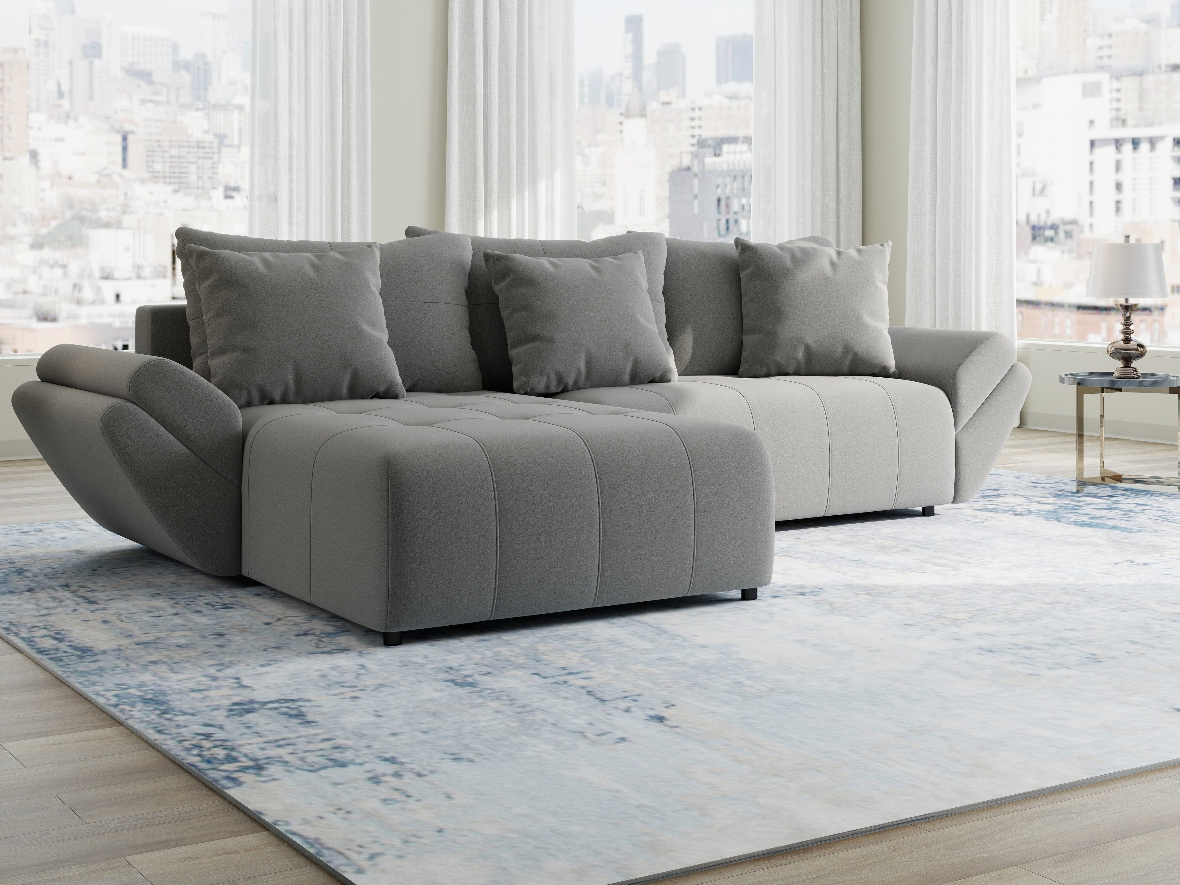 Colțar extensibil dumonde cu ladă de depozitare si sezut confortabil din spuma high-density, Berlin Royal Gri 280x185 cm