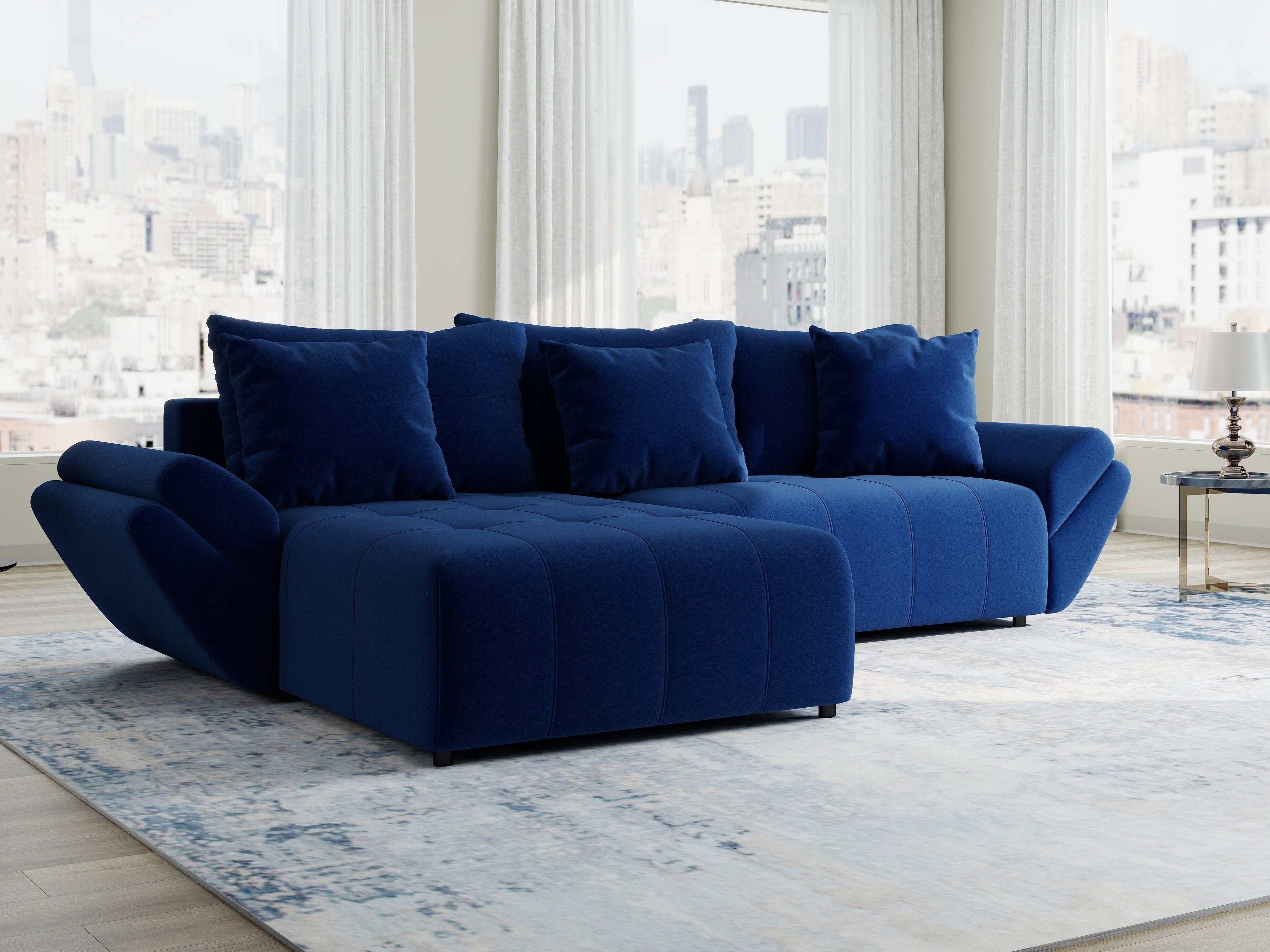 Colțar extensibil dumonde cu ladă de depozitare si sezut confortabil din spuma high-density, Berlin Royal Albastru Navy 280x185 cm