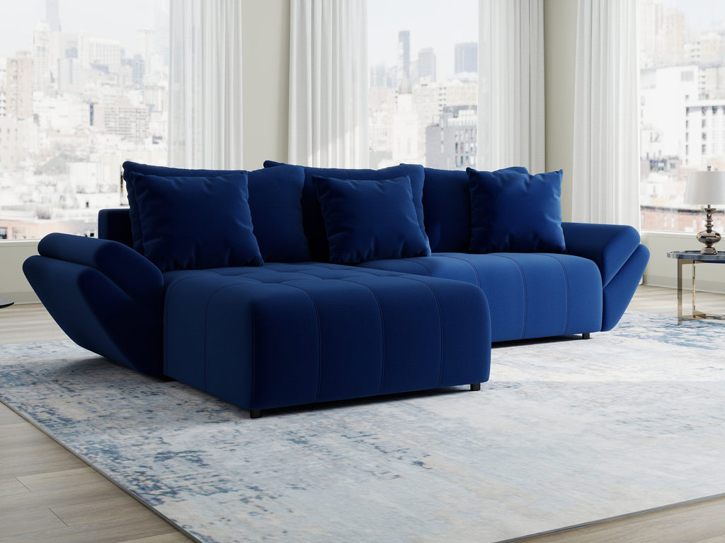 Colțar extensibil dumonde cu ladă de depozitare si sezut confortabil din spuma high-density, Berlin Royal Albastru Navy 280x185 cm