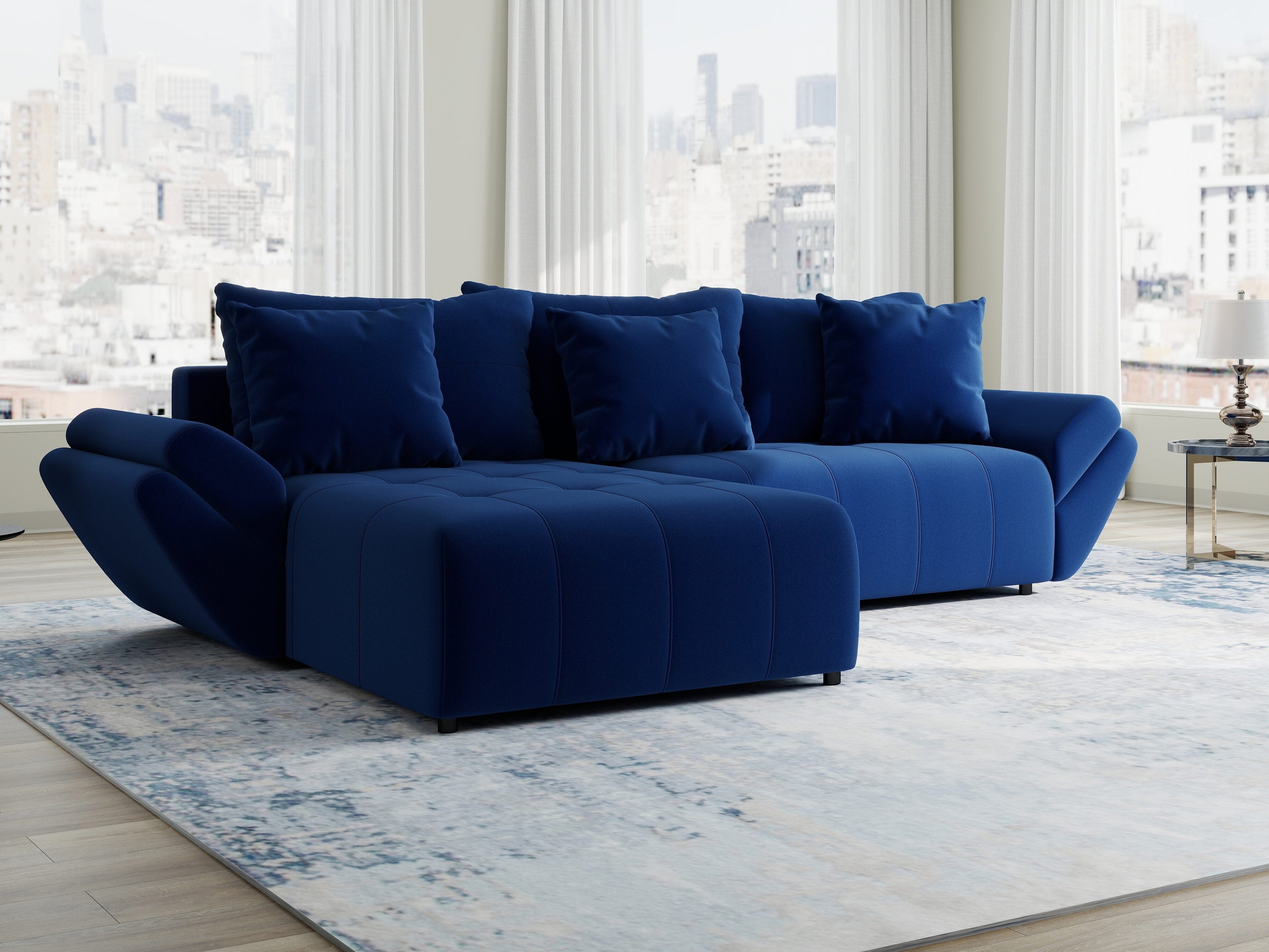 Colțar extensibil dumonde cu ladă de depozitare si sezut confortabil din spuma high-density, Berlin Royal Albastru Navy 280x185 cm