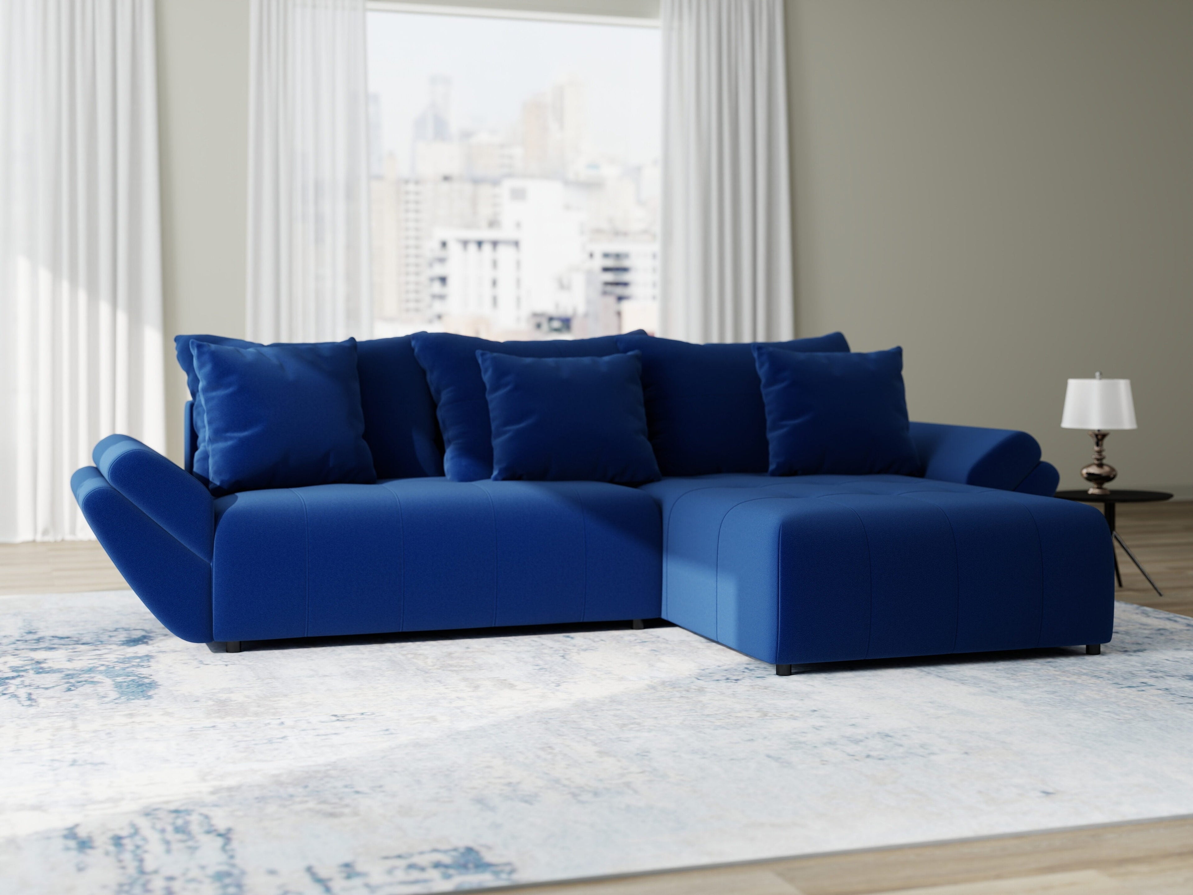 Colțar extensibil dumonde cu ladă de depozitare si sezut confortabil din spuma high-density, Berlin Royal Albastru Navy 280x185 cm II