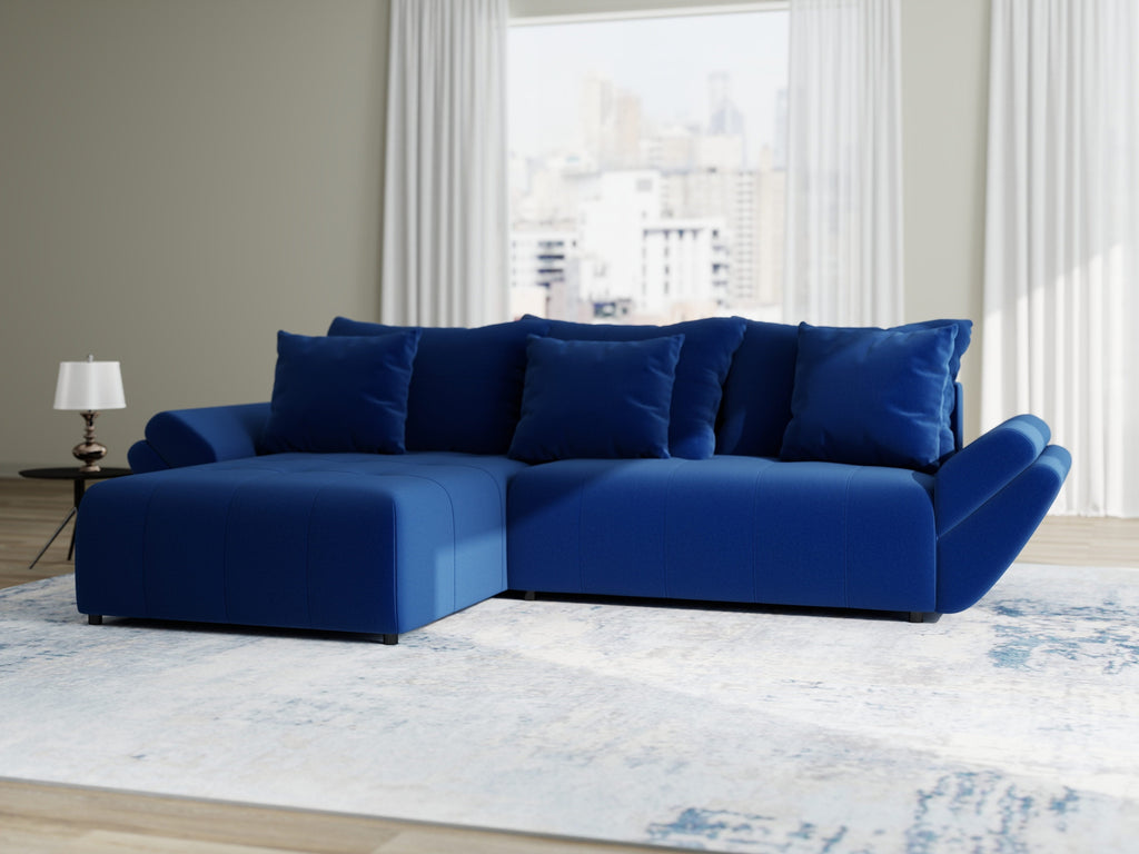 Colțar extensibil dumonde cu ladă de depozitare si sezut confortabil din spuma high-density, Berlin Royal Albastru Navy 280x185 cm