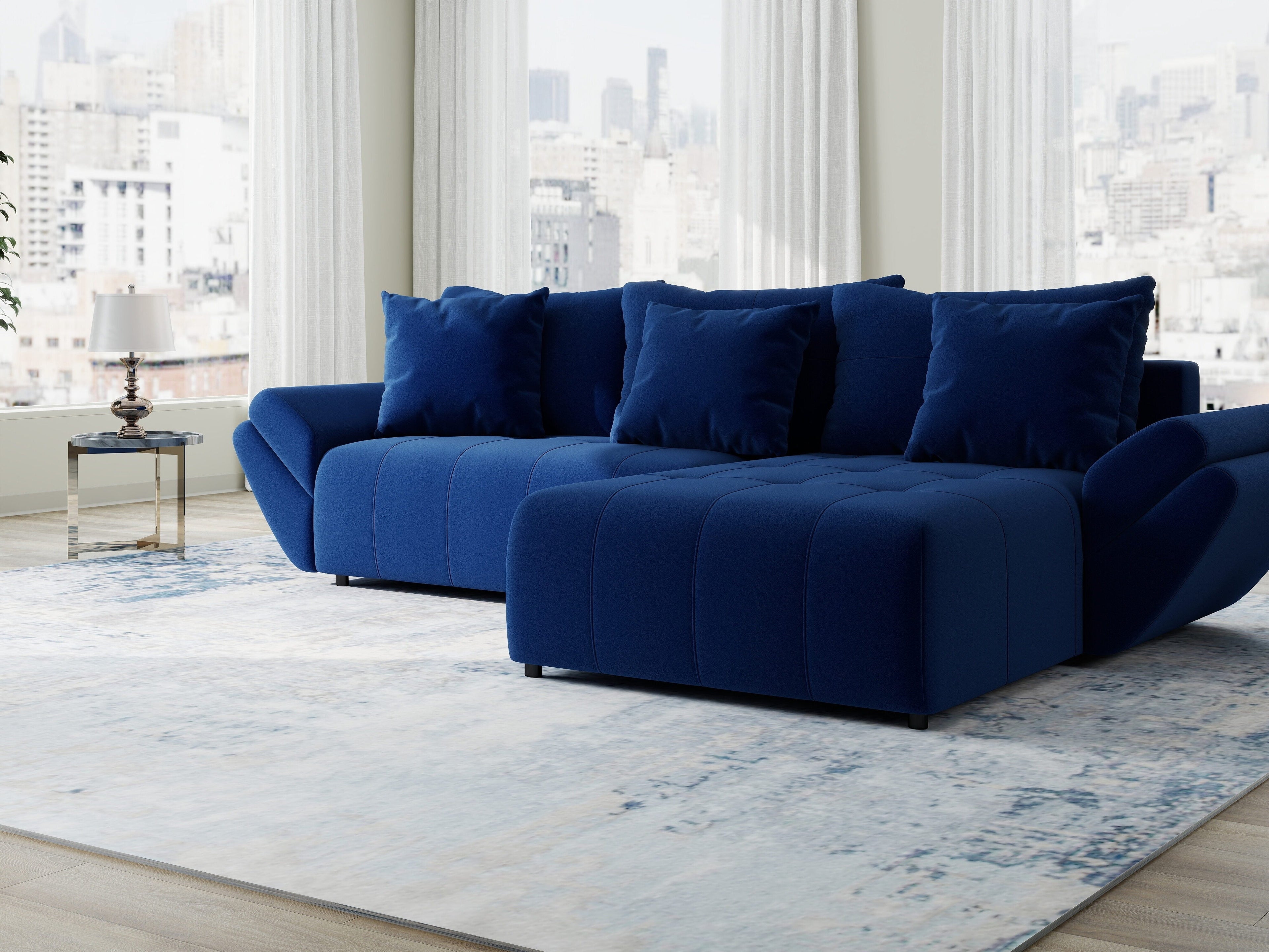 Colțar extensibil dumonde cu ladă de depozitare si sezut confortabil din spuma high-density, Berlin Royal Albastru Navy 280x185 cm II