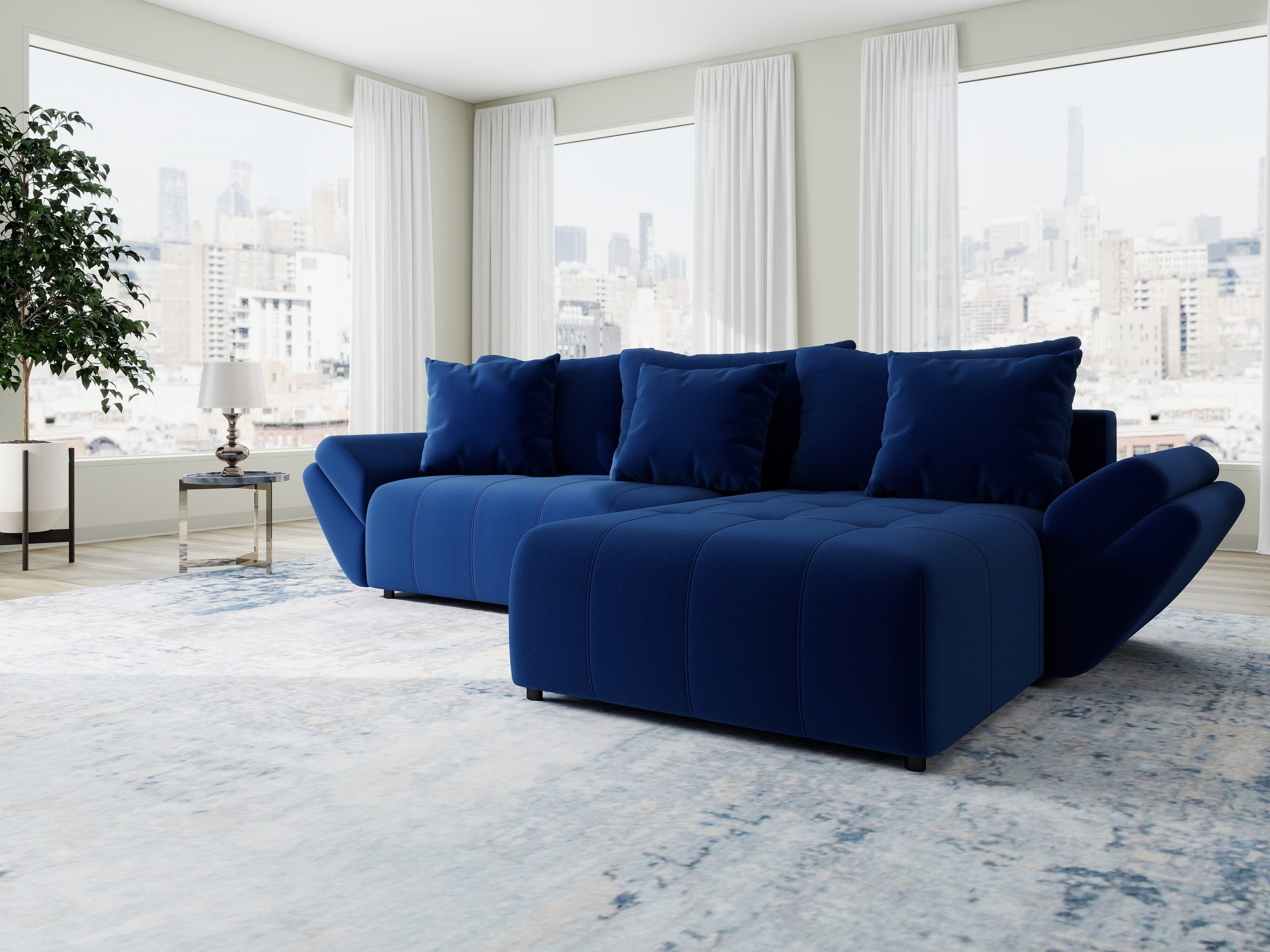 Colțar extensibil dumonde cu ladă de depozitare si sezut confortabil din spuma high-density, Berlin Royal Albastru Navy 280x185 cm II