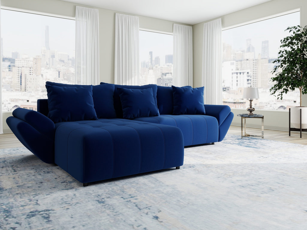 Colțar extensibil dumonde cu ladă de depozitare si sezut confortabil din spuma high-density, Berlin Royal Albastru Navy 280x185 cm