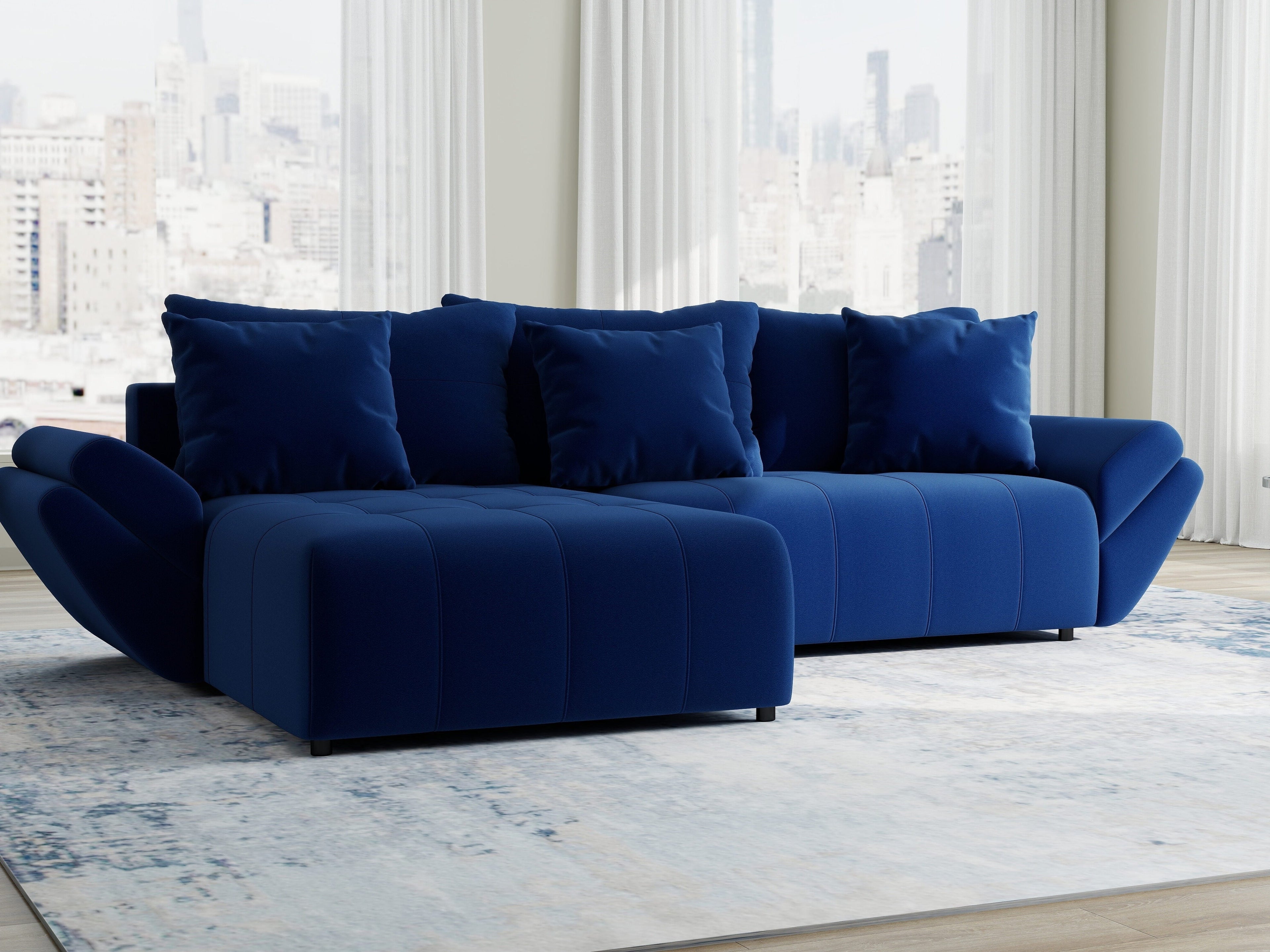 Colțar extensibil dumonde cu ladă de depozitare si sezut confortabil din spuma high-density, Berlin Royal Albastru Navy 280x185 cm