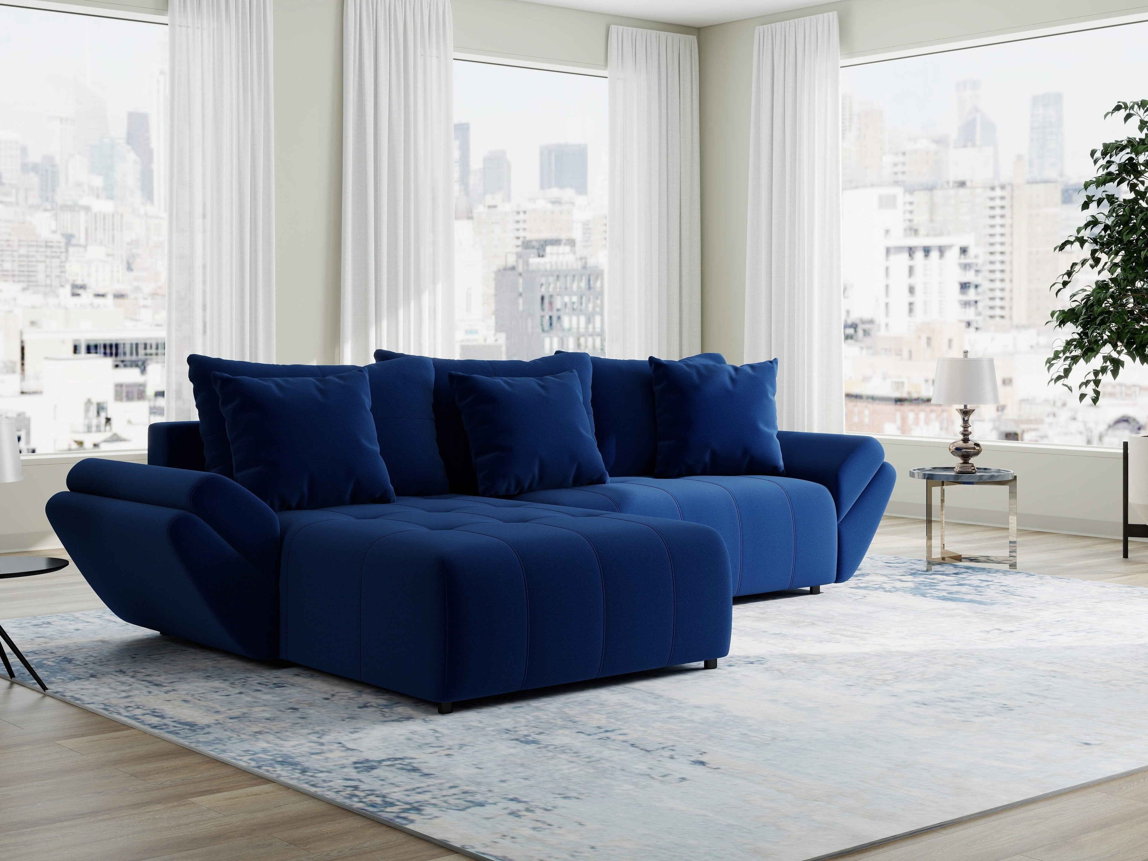 Colțar extensibil dumonde cu ladă de depozitare si sezut confortabil din spuma high-density, Berlin Royal Albastru Navy 280x185 cm