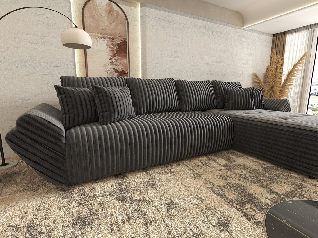 Colțar extensibil dumonde cu ladă de depozitare si sezut confortabil din spuma high-density, Berlin XL Ambience Grey II 350x185 cm