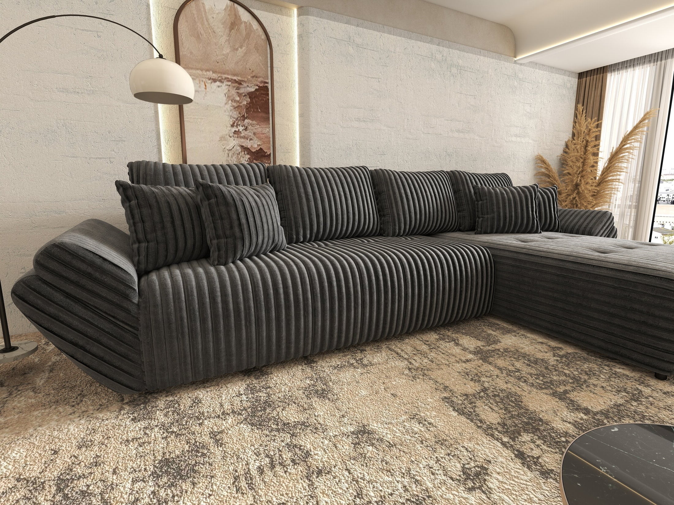 Colțar extensibil dumonde cu ladă de depozitare si sezut confortabil din spuma high-density, Berlin XL Ambience Grey II 350x185 cm
