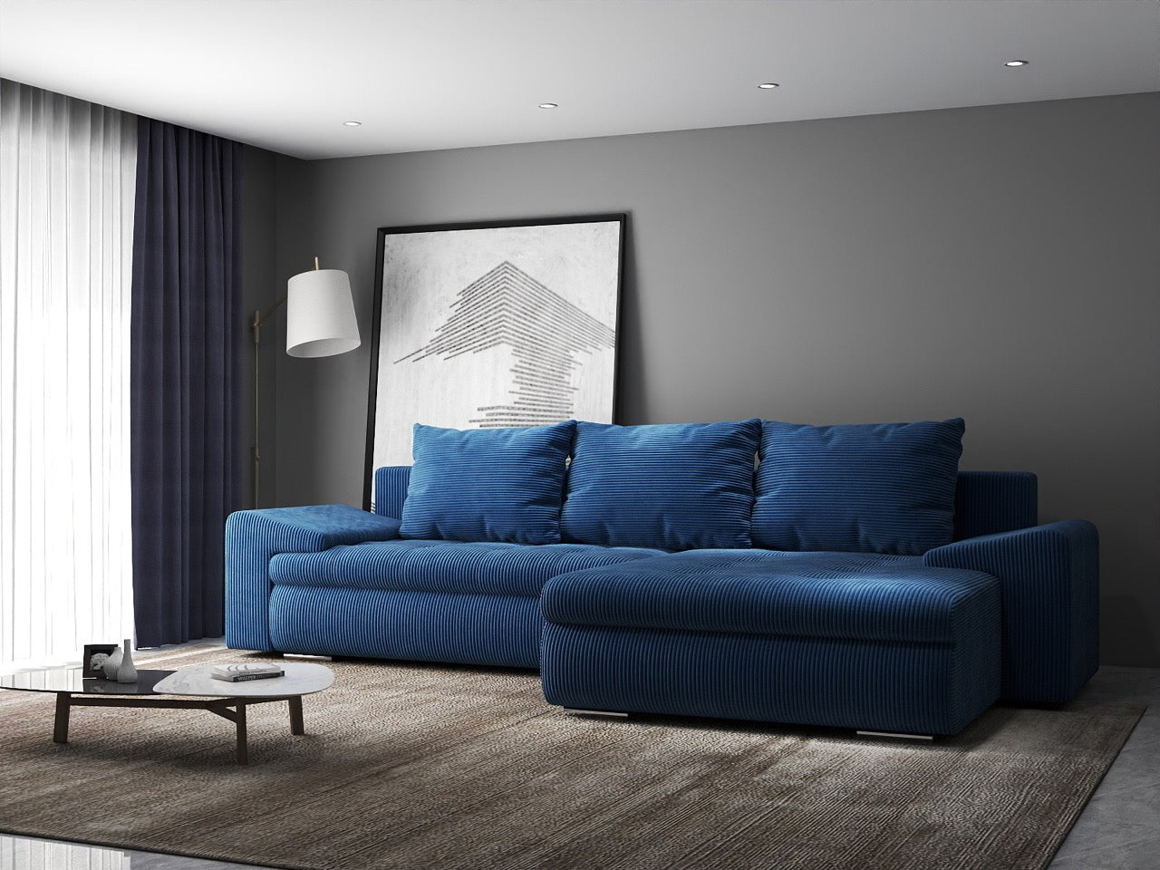 Colțar extensibil dumonde cu ladă de depozitare si sezut confortabil din spuma high-density, Leonardo Zoom Albastru 260x185 cm II