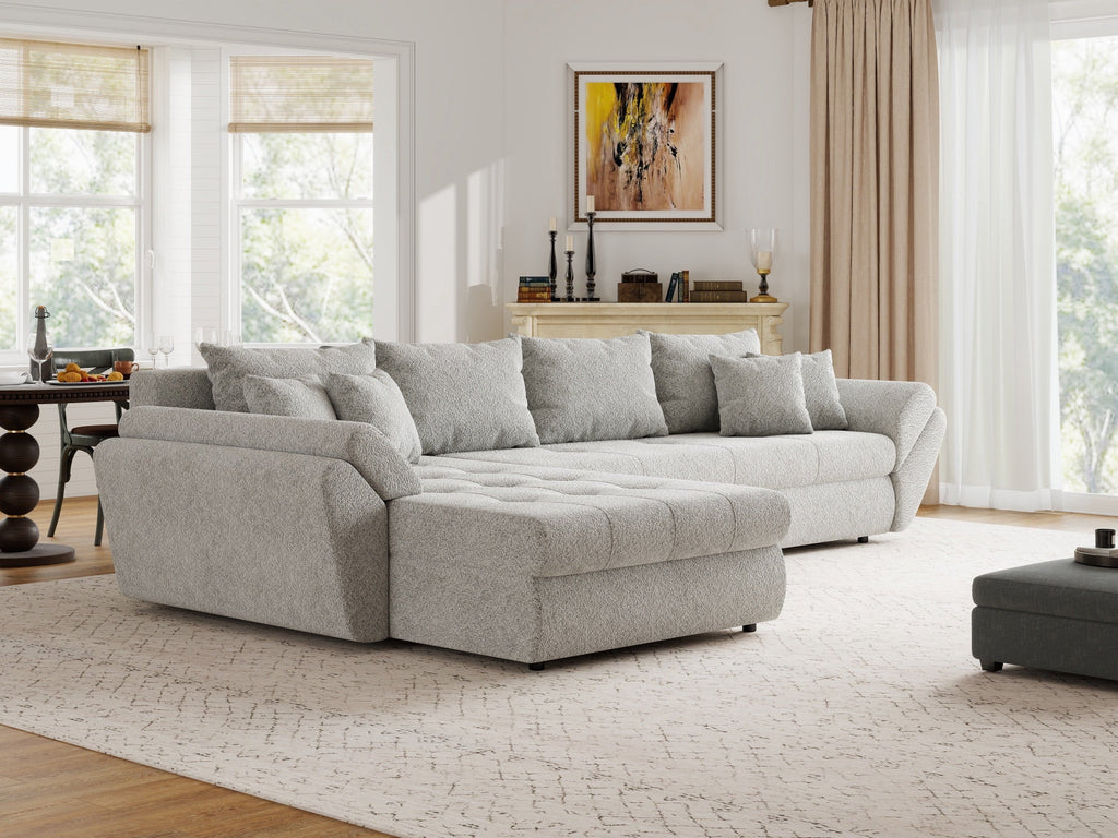 Colțar extensibil dumonde cu ladă de depozitare si sezut confortabil din spuma high-density, Loana XL Arena Gri 335x185 cm