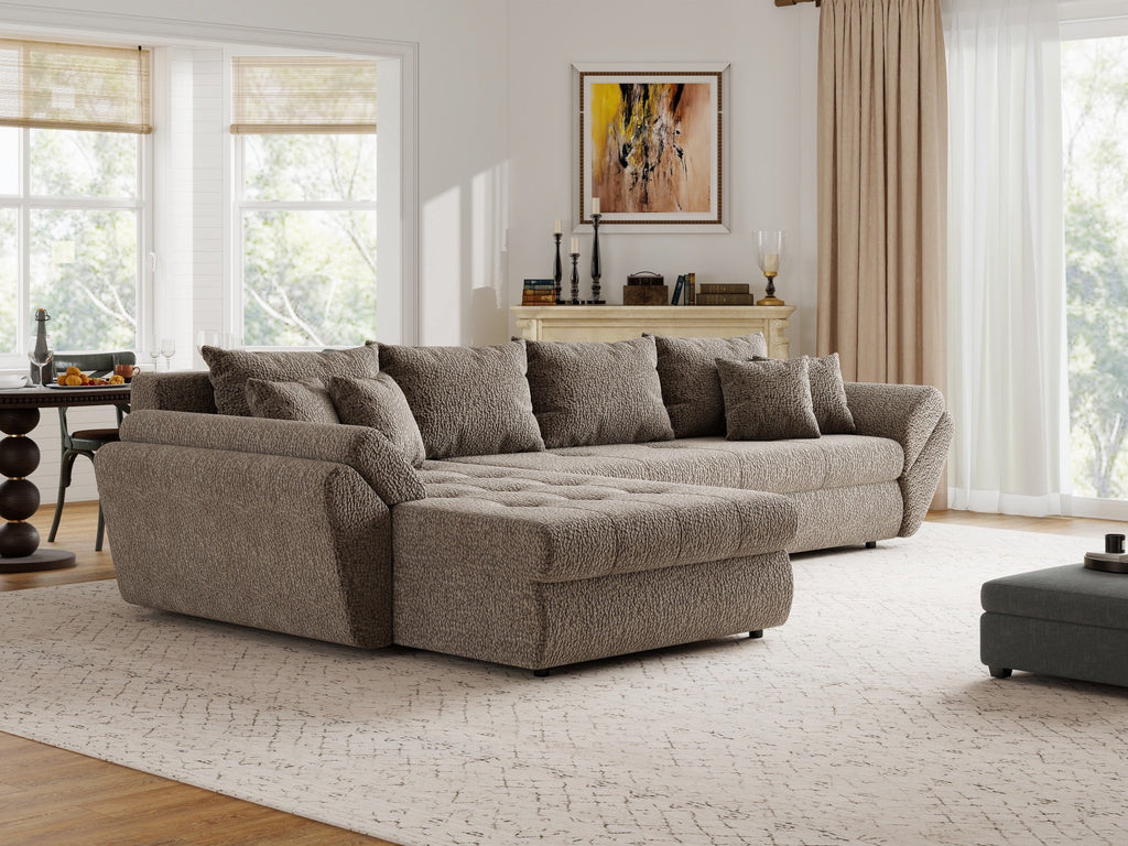 Colțar extensibil dumonde cu ladă de depozitare si sezut confortabil din spuma high-density, Loana XL Jaguar Maro Cappuccino 335x185 cm