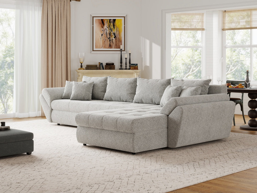 Colțar extensibil dumonde cu ladă de depozitare si sezut confortabil din spuma high-density, Loana XL Arena Gri II 335x185 cm
