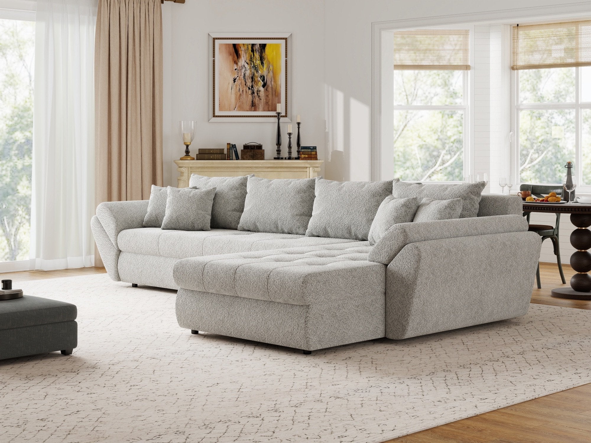 Colțar extensibil dumonde cu ladă de depozitare si sezut confortabil din spuma high-density, Loana XL Arena Gri II 335x185 cm