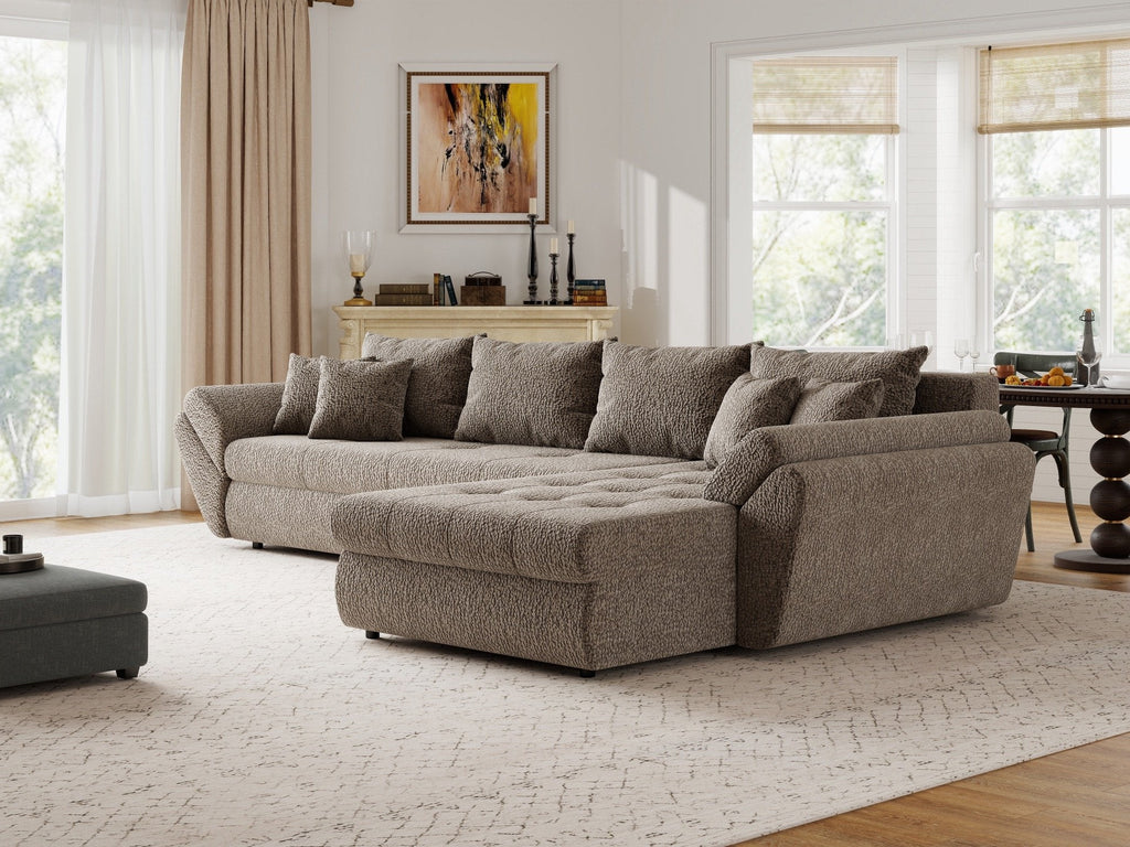 Colțar extensibil dumonde cu ladă de depozitare si sezut confortabil din spuma high-density, Loana XL Jaguar Maro Cappuccino II 335x185 cm
