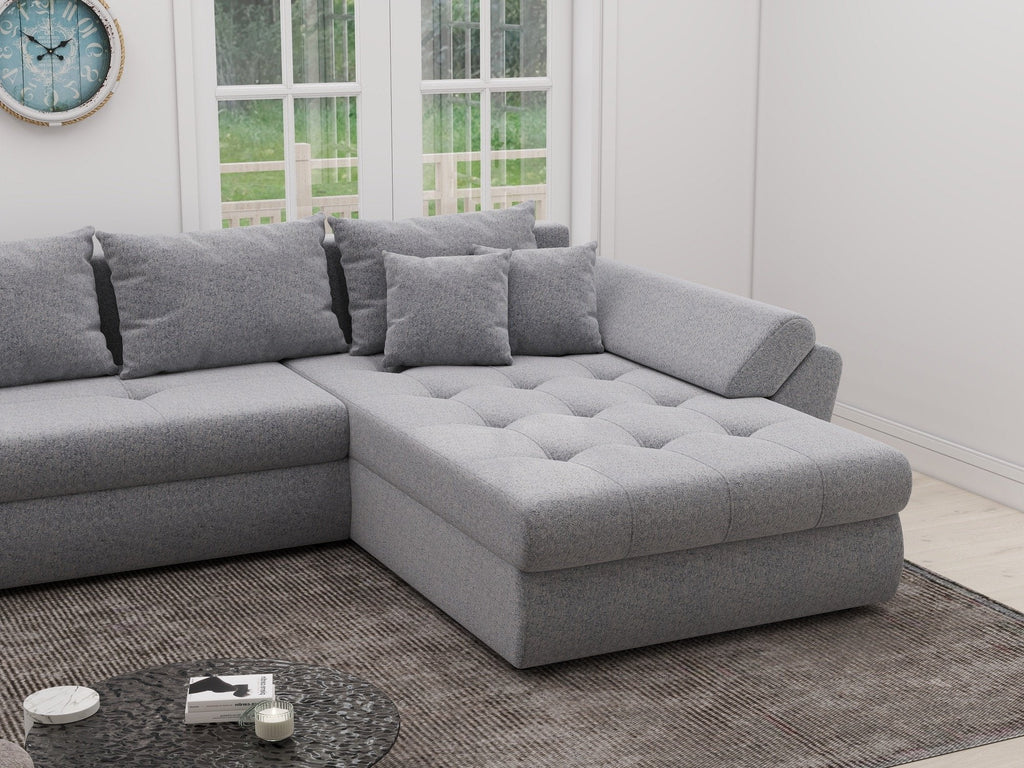 Colțar extensibil dumonde cu ladă de depozitare si sezut confortabil din spuma high-density, Loana XL Monte Gri 84 II 335x185 cm