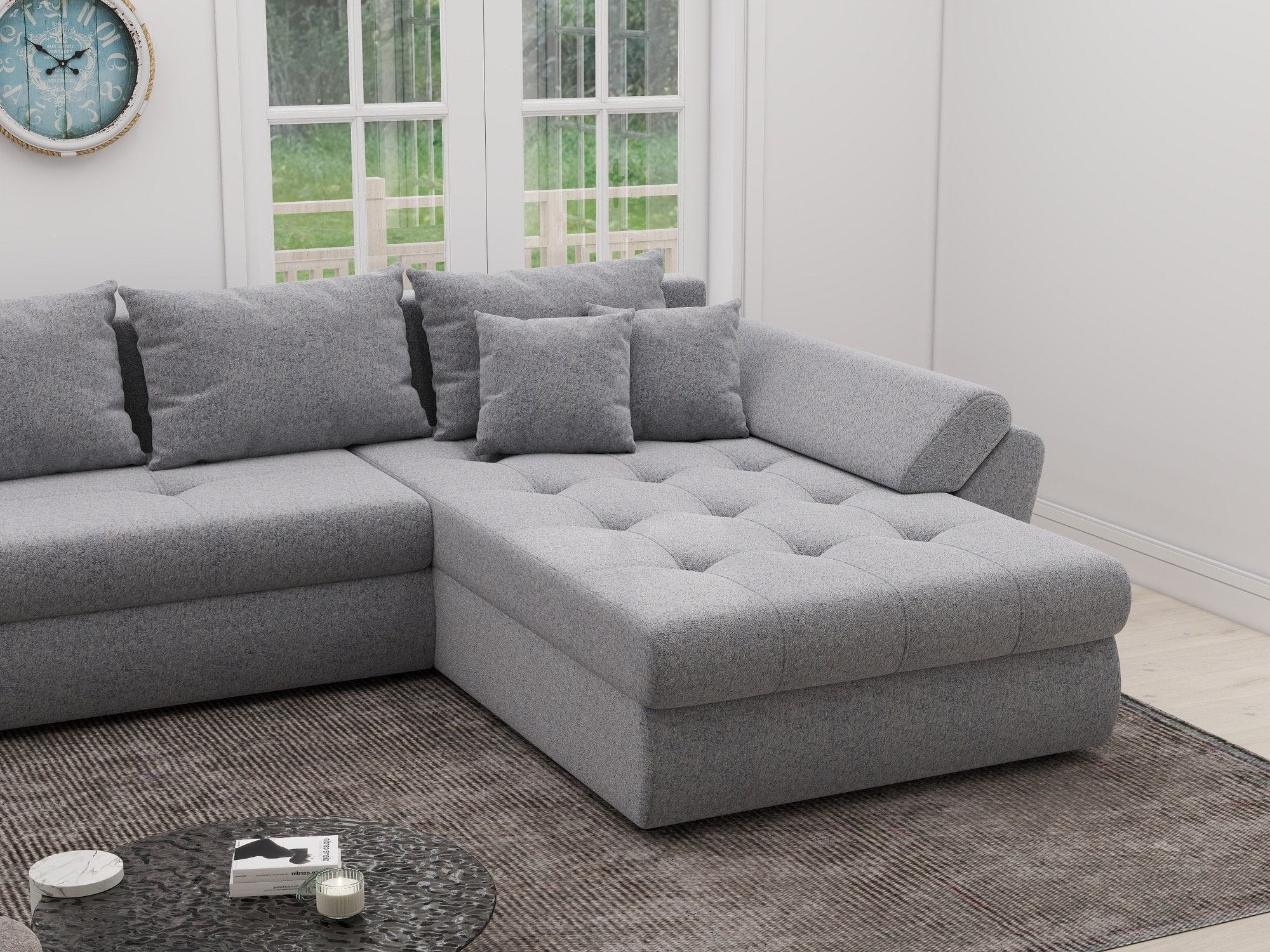 Colțar extensibil dumonde cu ladă de depozitare si sezut confortabil din spuma high-density, Loana XL Monte Gri 84 II 335x185 cm