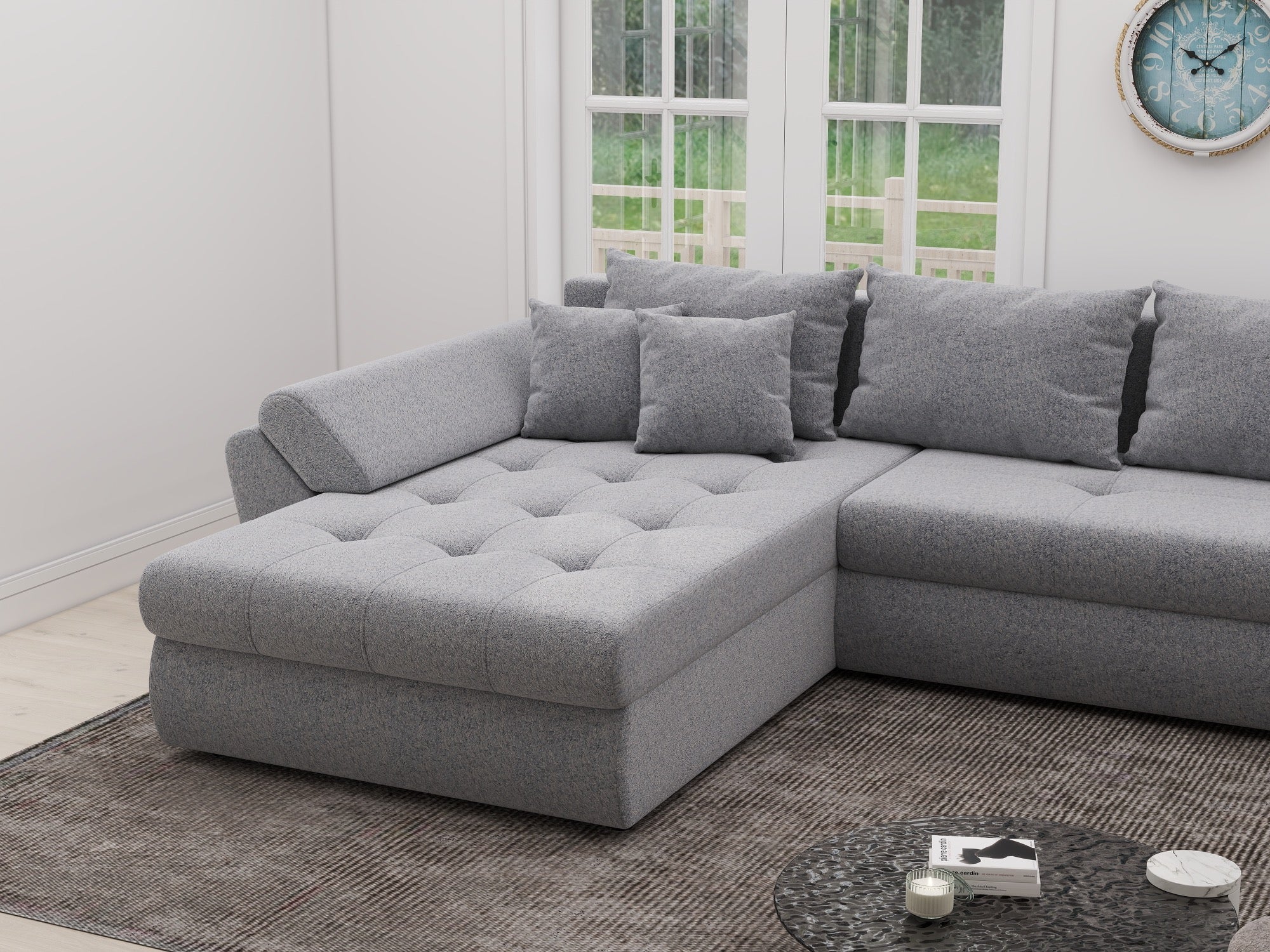 Colțar extensibil dumonde cu ladă de depozitare si sezut confortabil din spuma high-density, Loana XL Monte Gri 84 335x185 cm