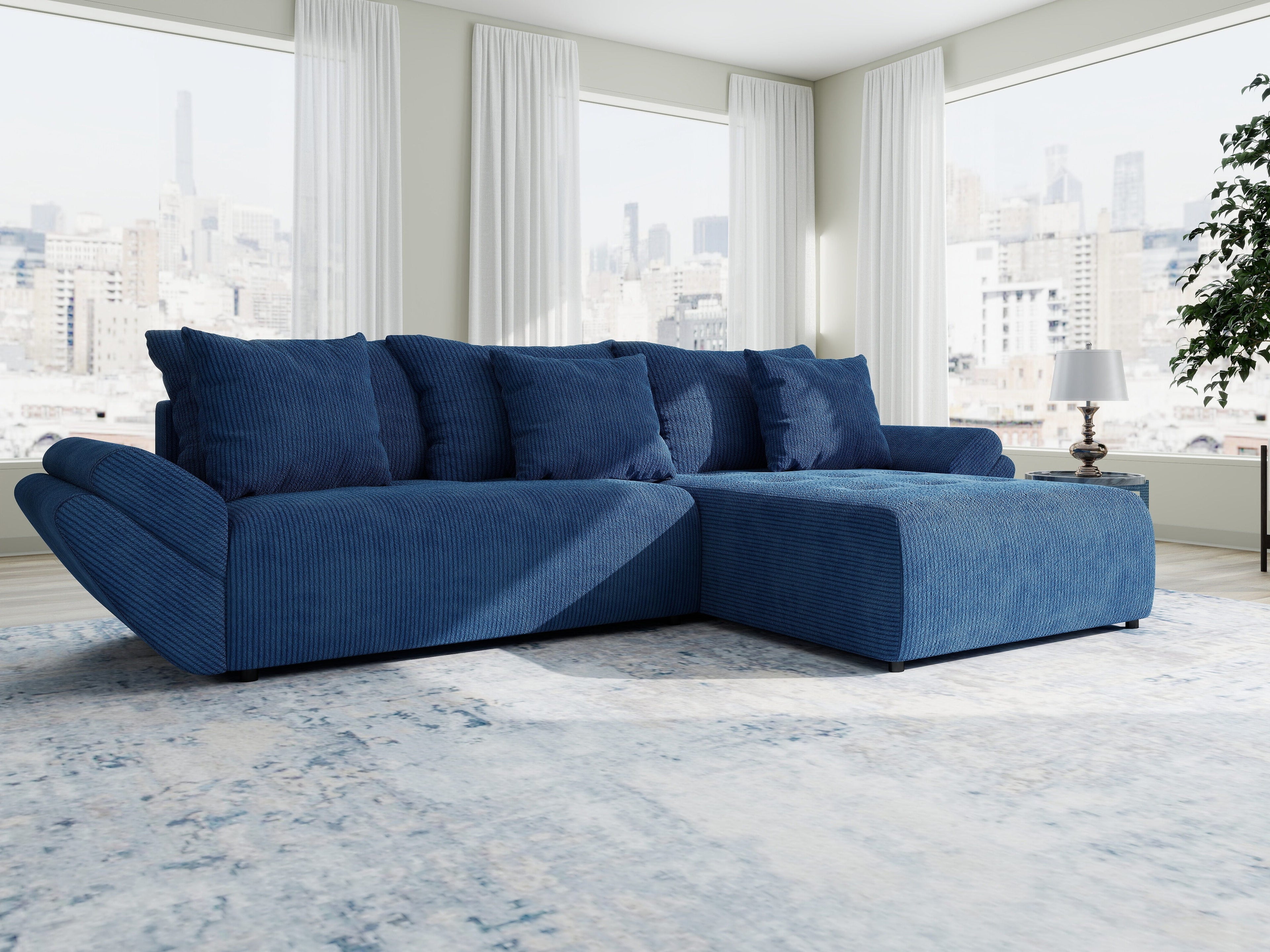 Colțar extensibil dumonde cu ladă de depozitare si sezut confortabil din spuma high-density, Berlin Zoom Albastru 280x185 cm II