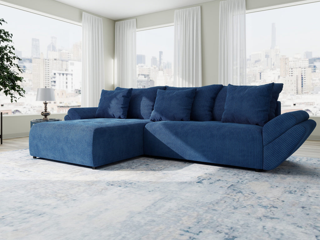 Colțar extensibil dumonde cu ladă de depozitare si sezut confortabil din spuma high-density, Berlin Zoom Albastru 280x185 cm